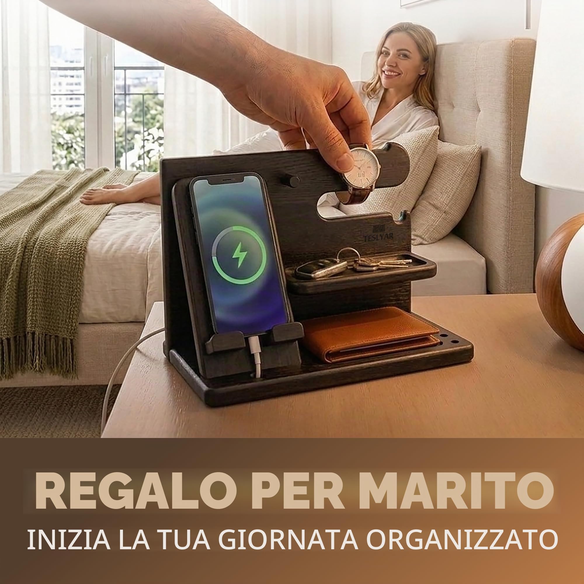 Teslyar Docking Station in Legno Massello di Frassino, Organizer da Comodino per Smartphone, Orologio, Portafoglio | Idea Regalo Uomo/Donna per Natale, Marito, Moglie, Papà (Marrone)