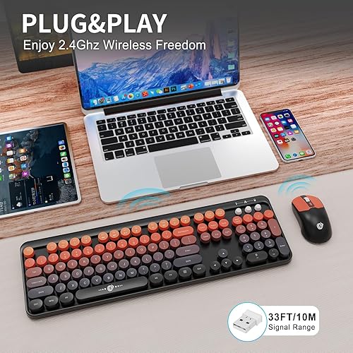 Miniatura 2 de Combo de teclado y mouse inalámbricos, 104 teclas redondas, lindo teclado y mouse coloridos con máquina de escribir retro para PCMaccomputadora