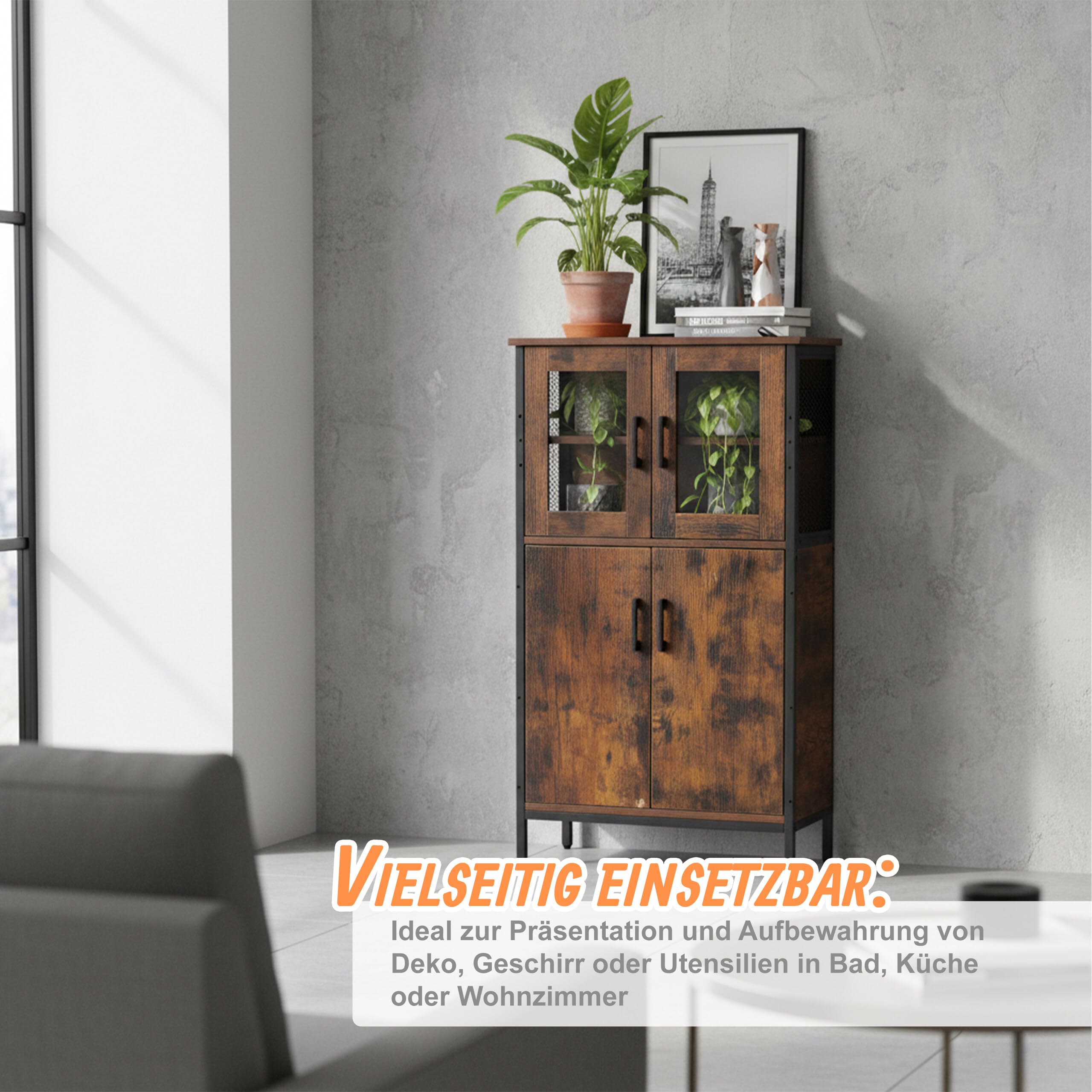 Relaxdays Küchenschrank Industrial, Hochschrank mit Glastüren HBT 108x60x30 cm, Vitrinenschrank schmal, Holzoptik, braun