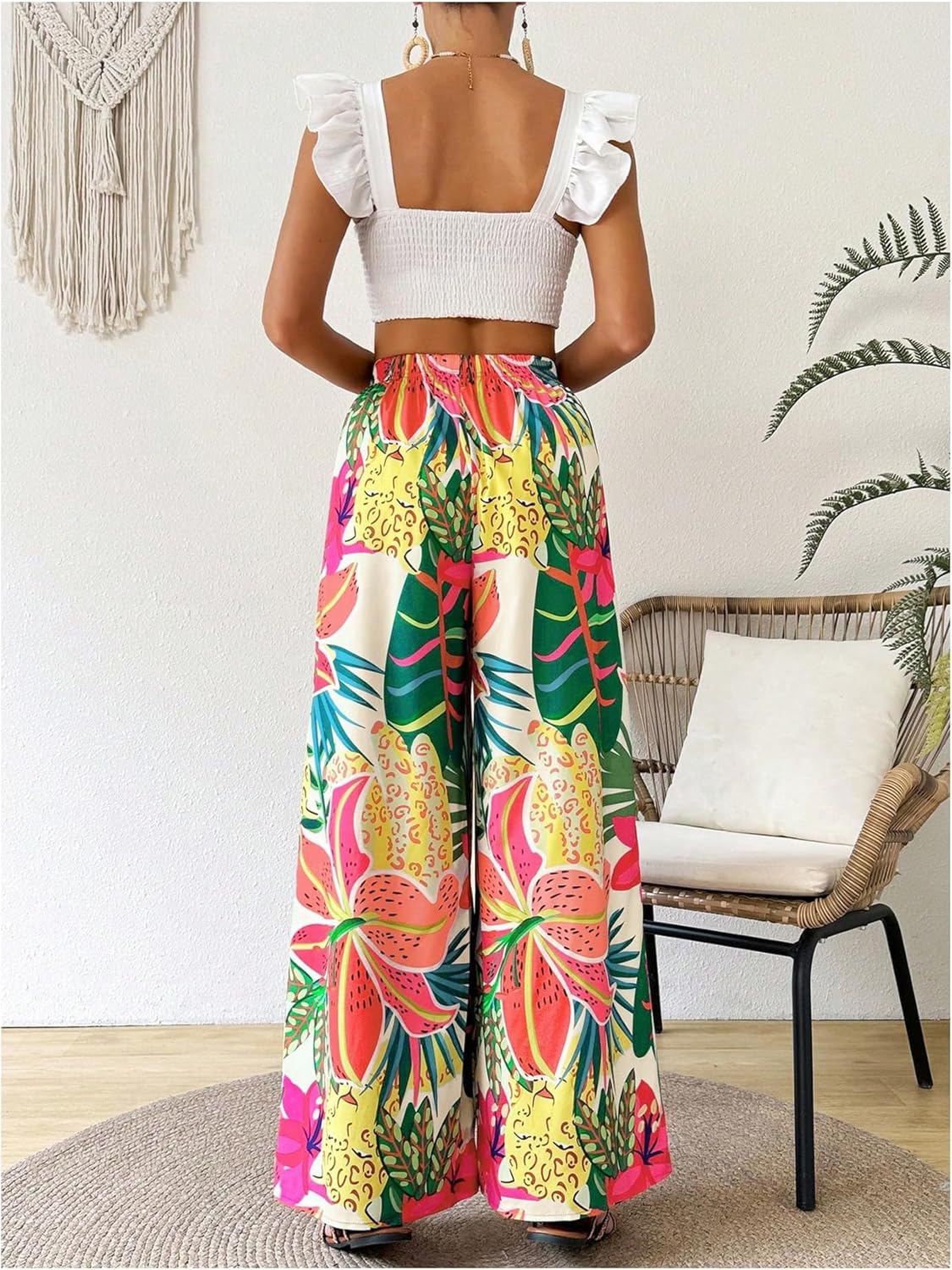 WDIRARA Women's Tropical Floral Print Elastic Waist Wide Leg Pants Palazzo Pants - Image 3