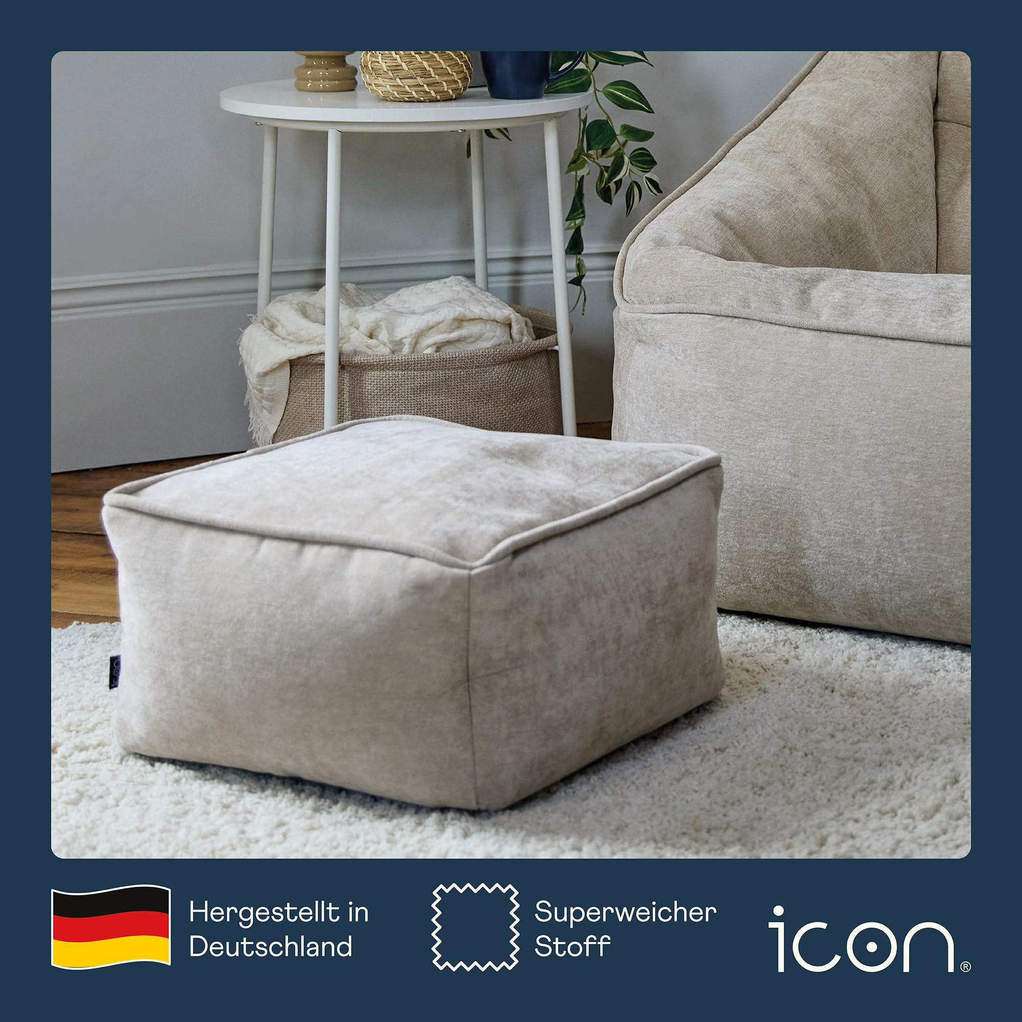 Icon Natalia Sitzsack Sessel mit Hocker für Erwachsene, Beige, Flauschiger Chenille Stoff, Riesen Sitzsack mit Füllung, Bean Bag Chair, Bequemer Sessel, Lounge, Schlafzimmer, Wohnzimmer Möbel