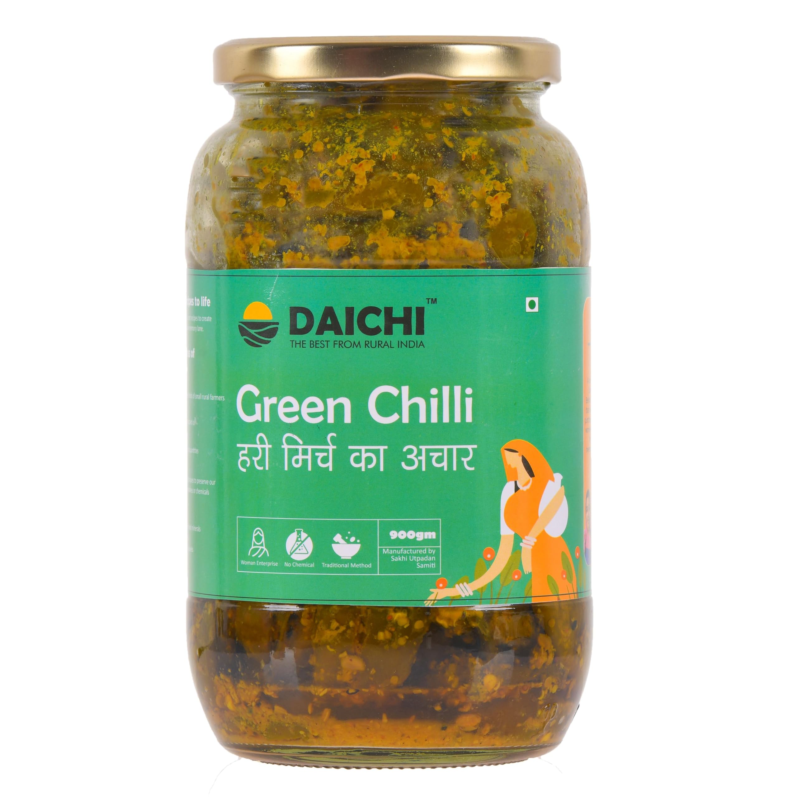 Daichi - Green Chilli Pickle | Crafted with love by women artisans | Sun cured | Cold-pressed mustard oil | In-house spices | No Preservatives 900gm (Pack of 1)