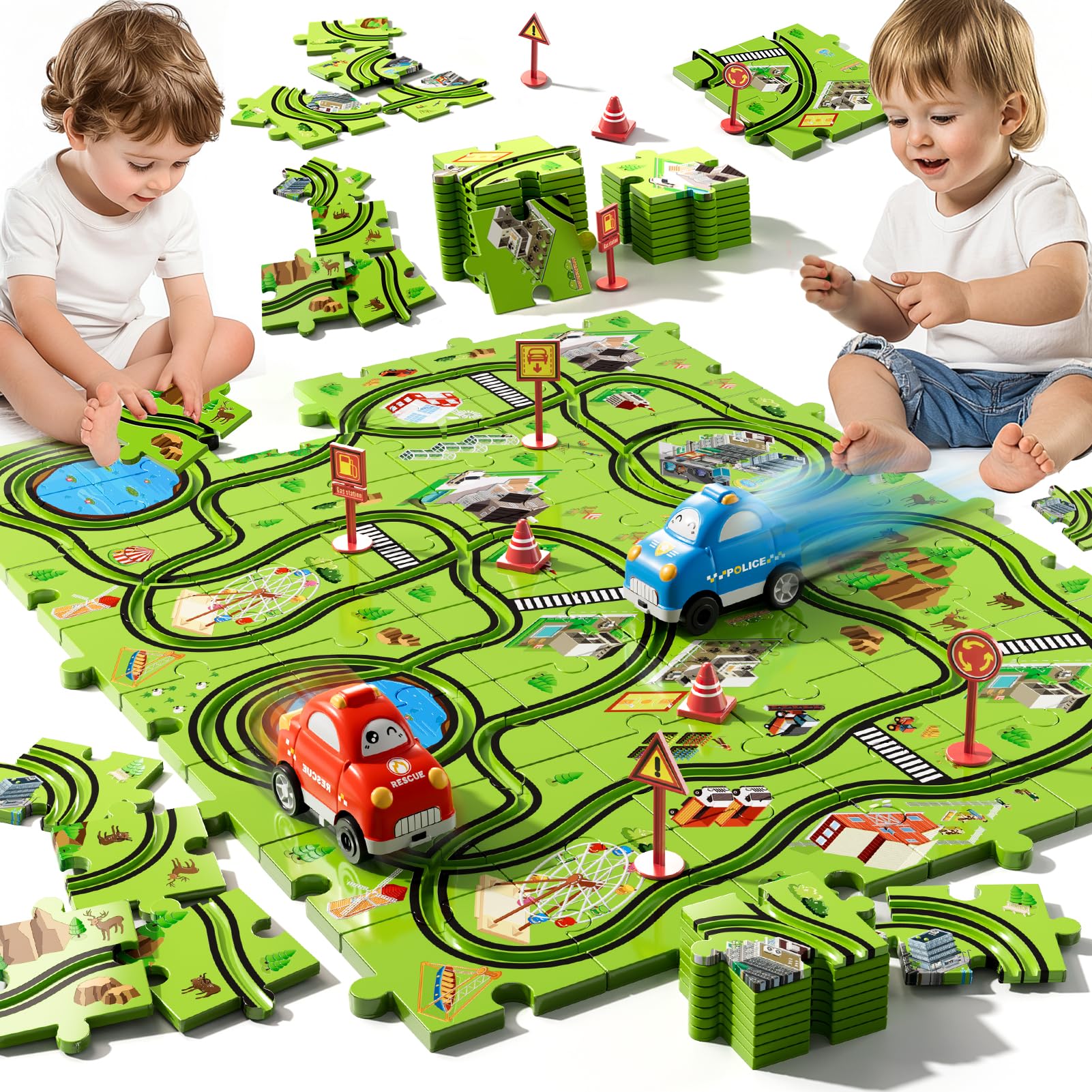 48PCS Puzzle Race Track Car Set for Toddlers Kids Boys, Toddler Toys Gifts for 3 4 5 Year Old Boys and Girls, Floor Puzzle Tracks Car Toys for Ages 3-5 4-6