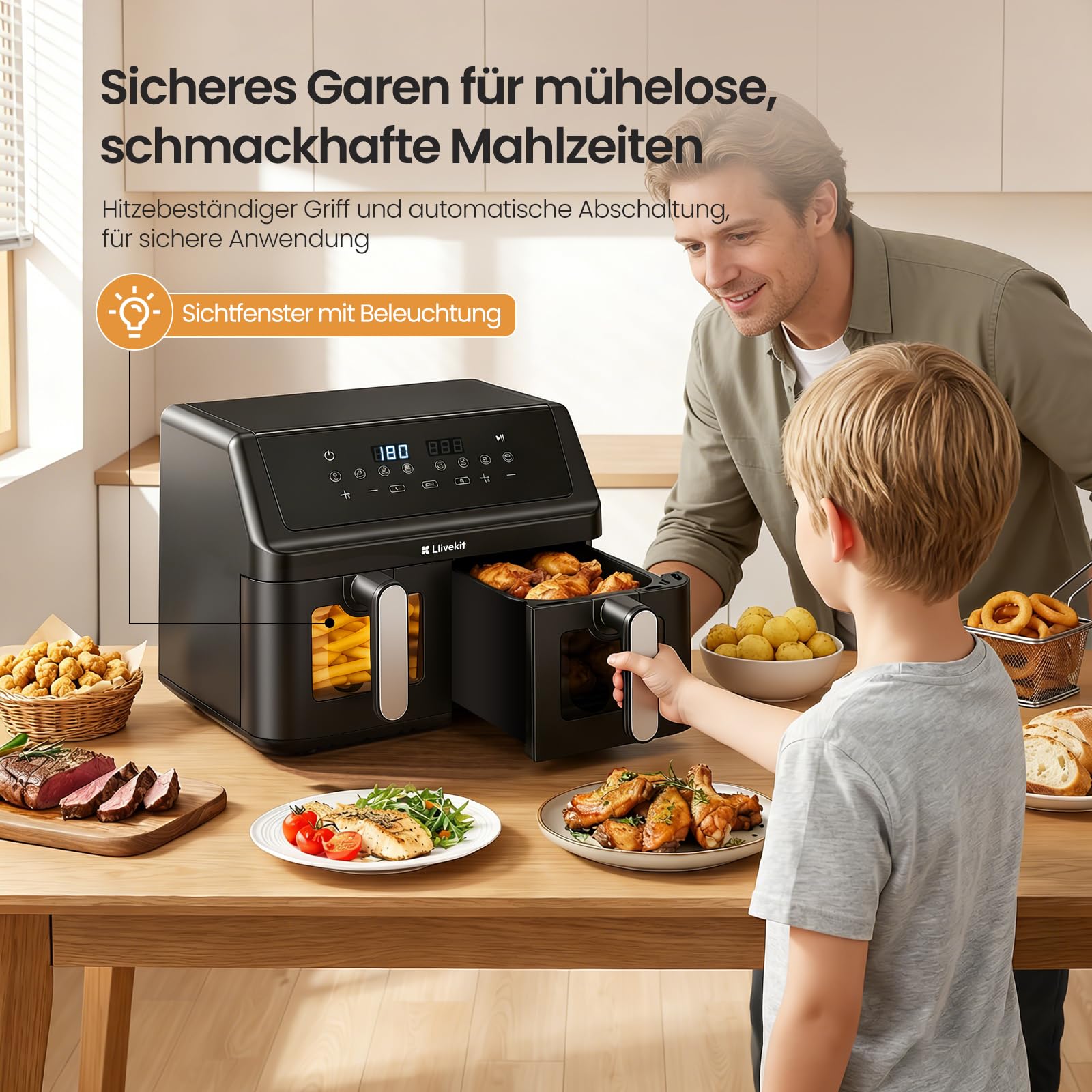 LLIVEKIT 9L Doppelkammer Heißluftfritteuse, 2x4,5L Airfryer mit automatischer Abschaltung, 4D Umluft, 70% energiesparend, 8 Programme, Sync-Finish, spülmaschinenfest, PFOA-frei