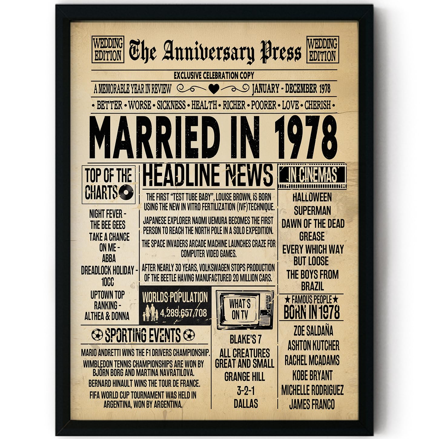 Stuff4 Men's 1978 48Th Anniversary Poster Framed - Married In Newspaper - 48 Wedding Anniversary For Wo Retro Vintage Gifts Back In 8X10 Inch Anniversaries Posters