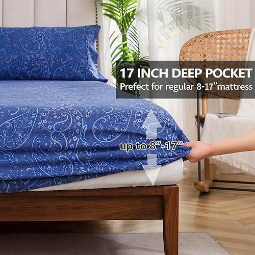 Miniatura 3 de KACEMOO Juego de sábanas tamaño King de 4 piezas, estampado de cachemira azul marino, juego de sábanas con estampado floral, bolsillo profundo,
