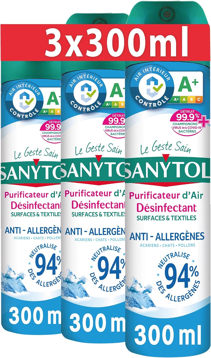 Sanytol Désinfectant Purificateur d'Air Surface/Textile Anti-allergène Grand Air 300 ml - Lot de 3