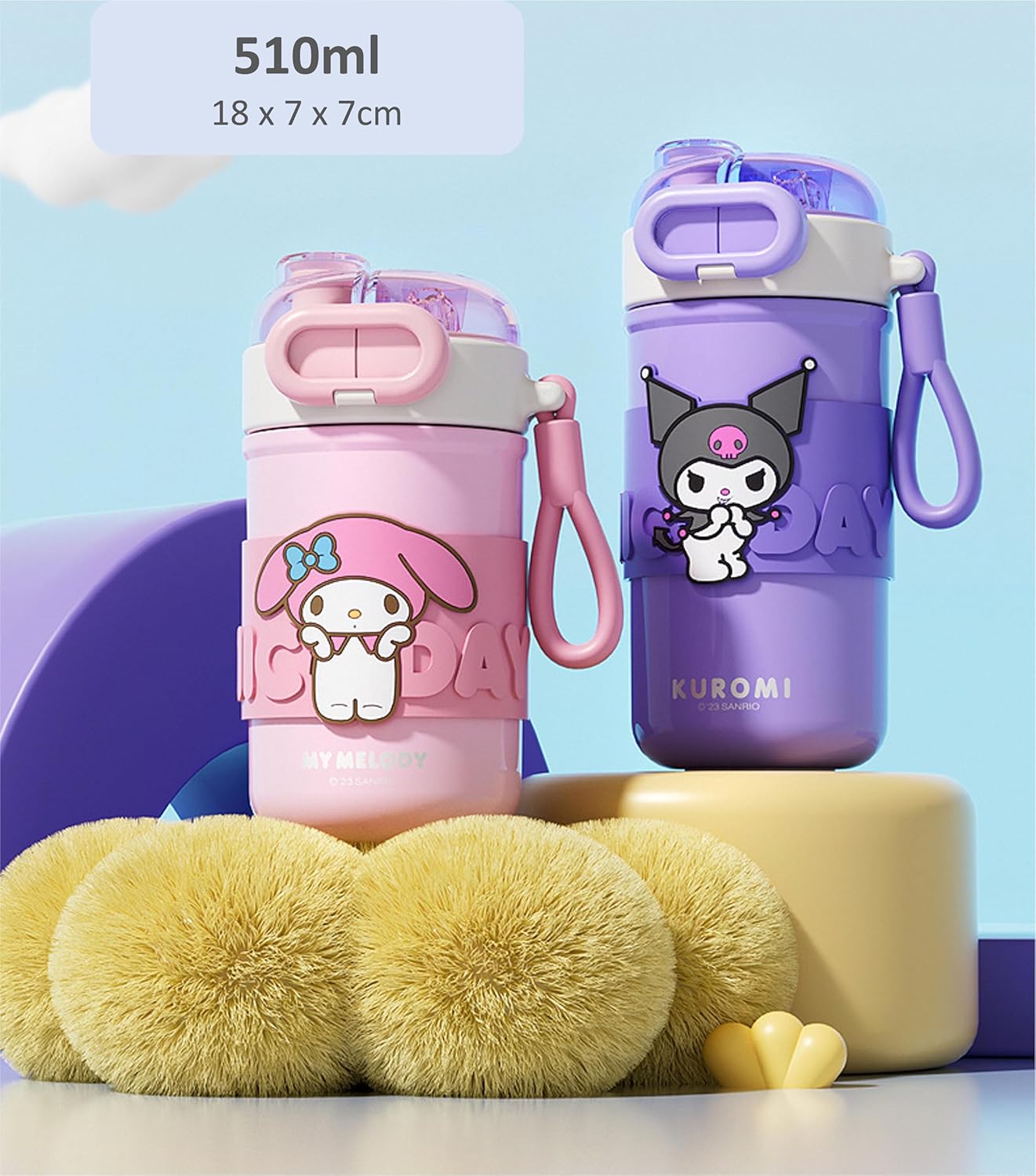 Melody Stainless Steel Insulated Water Bottle with Carrying Loop (Spout & Straw) - 510ml, Pink - Image 6