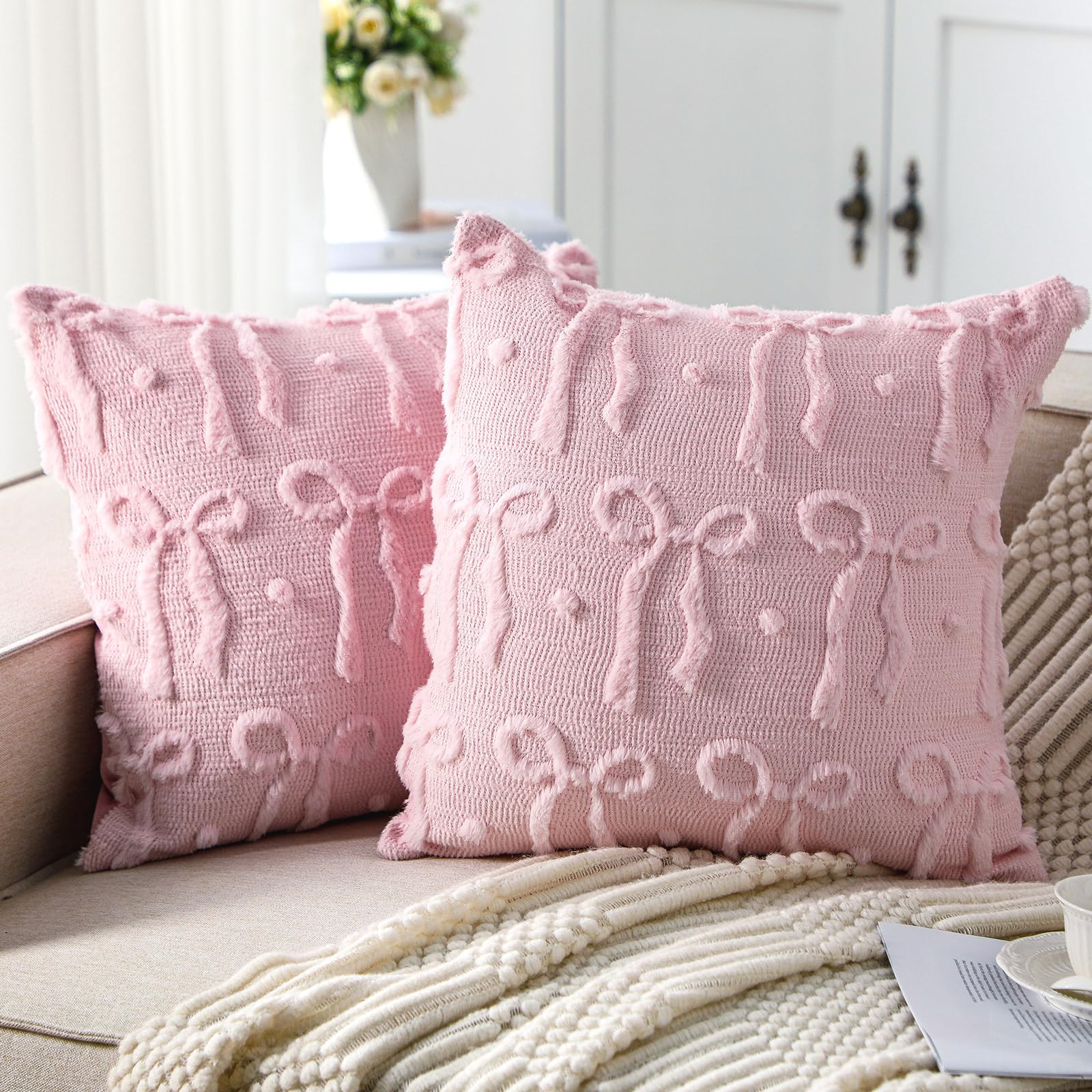 Housse de coussin noeud rose 45x45 cm en fausse laine douce pour deco salon cocooning