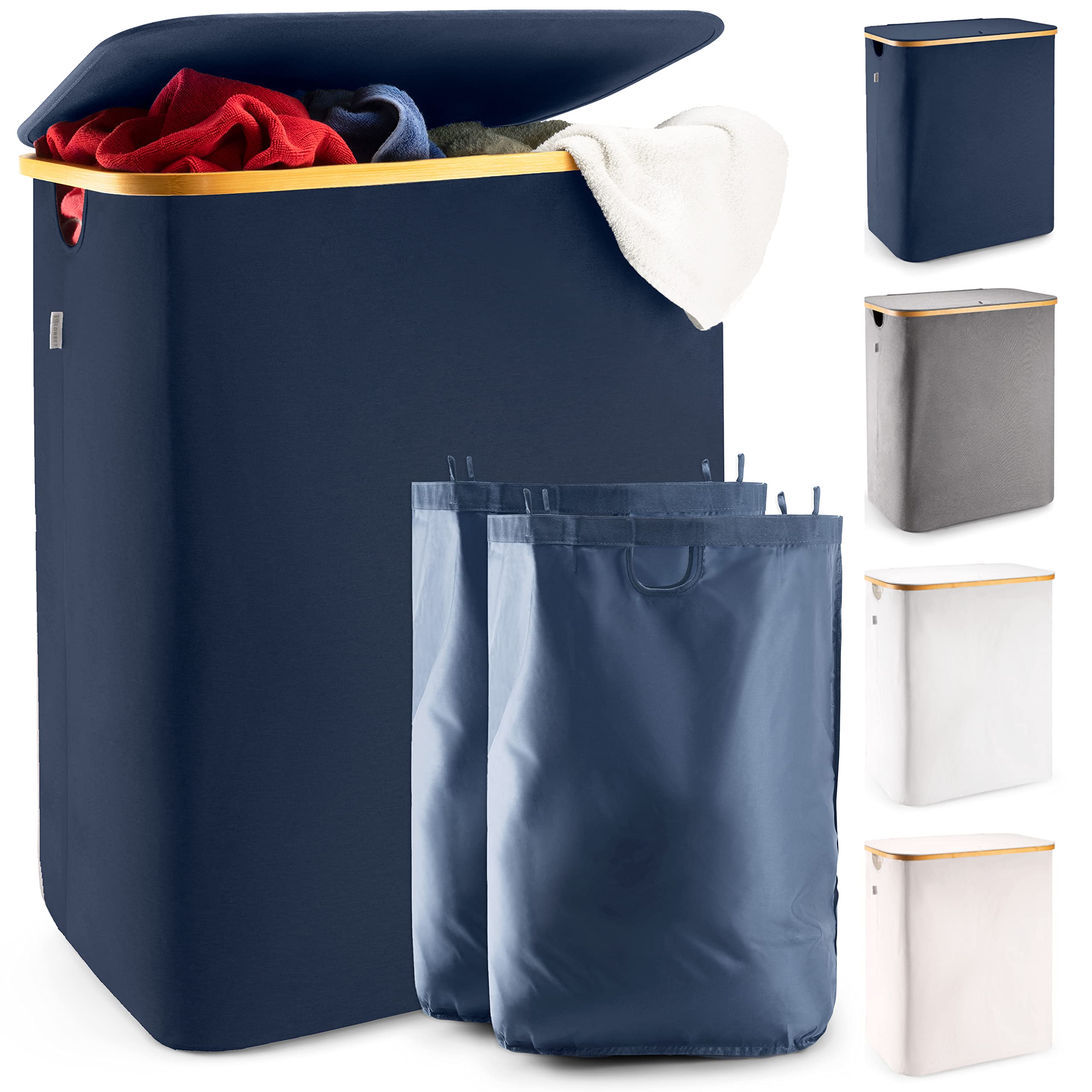 LONBET Laundry Basket with Lid, Made from Breathable Fabric | Aesthetic Clothes Hampers for Laundry with Side Handles &amp; Sturdy Bamboo Frame (40 Gallons - Double, Blue)