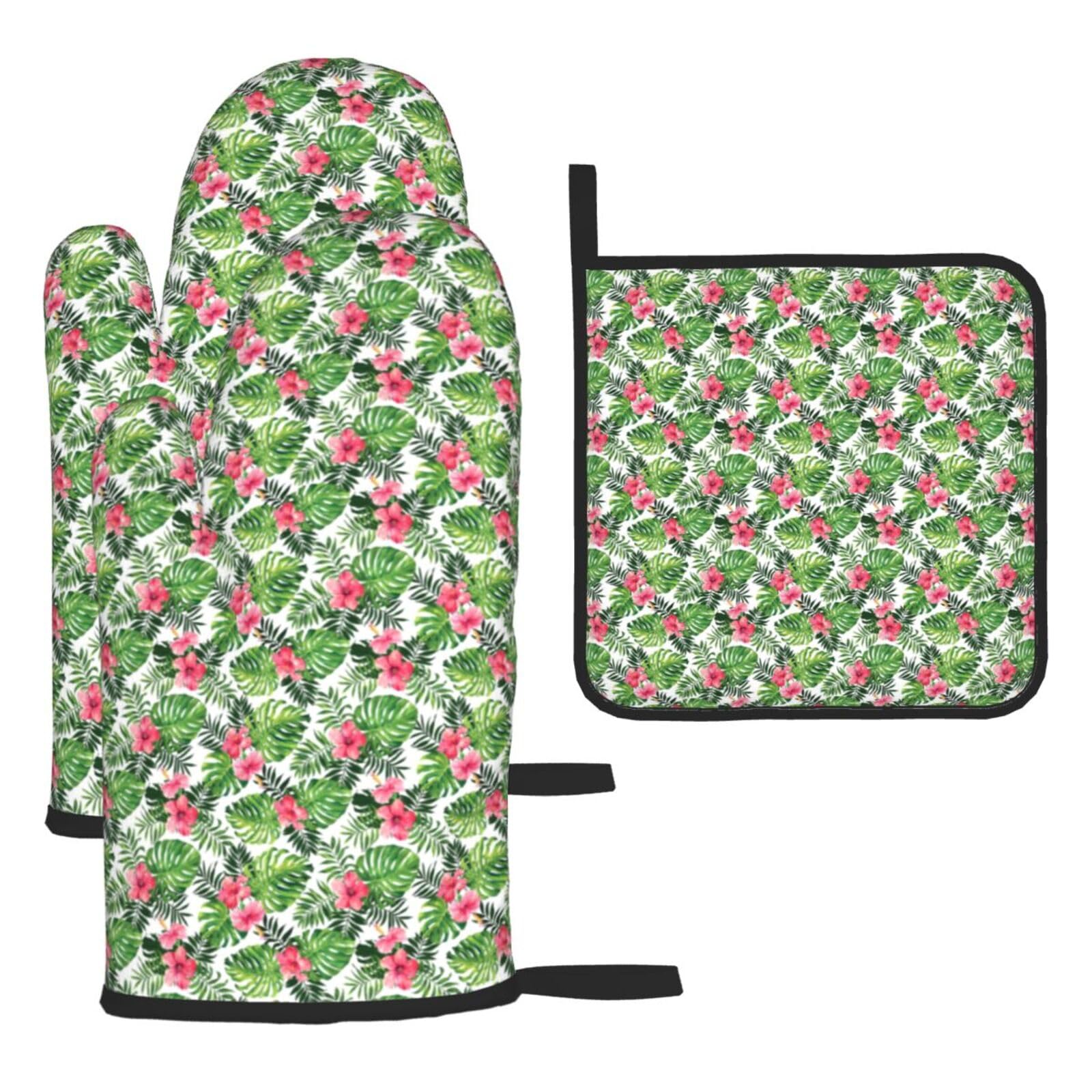 Tropical Leaves Print Oven Set Kitchen Gloves Baking Grilling Microwaving Cooking Gift Everyday Holiday