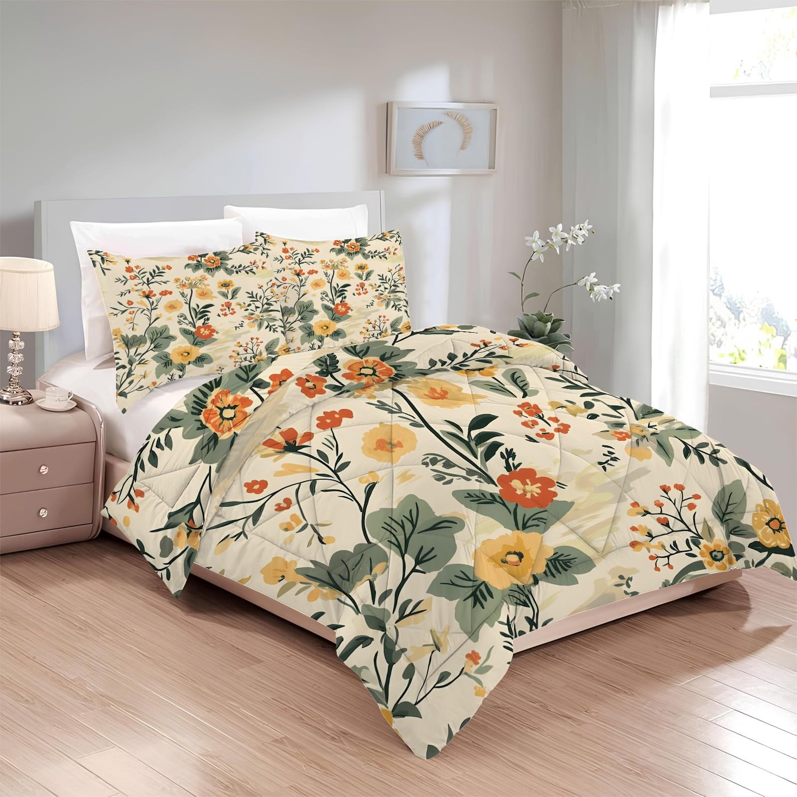 Edredon Cama 90 Rama de Flores, Relleno Nordico 135x200 4 Estaciones, Edredón Reversible Acuarela, Edredones Nordicos Estampados Floral con 2 Fundas de Almohadas 50x75 cm, Lavable G-639