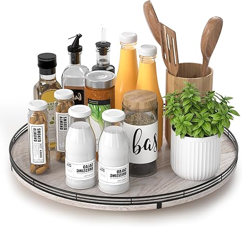 Miniatura 46 de Tabla giratoria redonda de roble de 9 pulgadas para organización en gabinetes, estilo rústico, para almacenamiento en mesa del comedor, despensa,