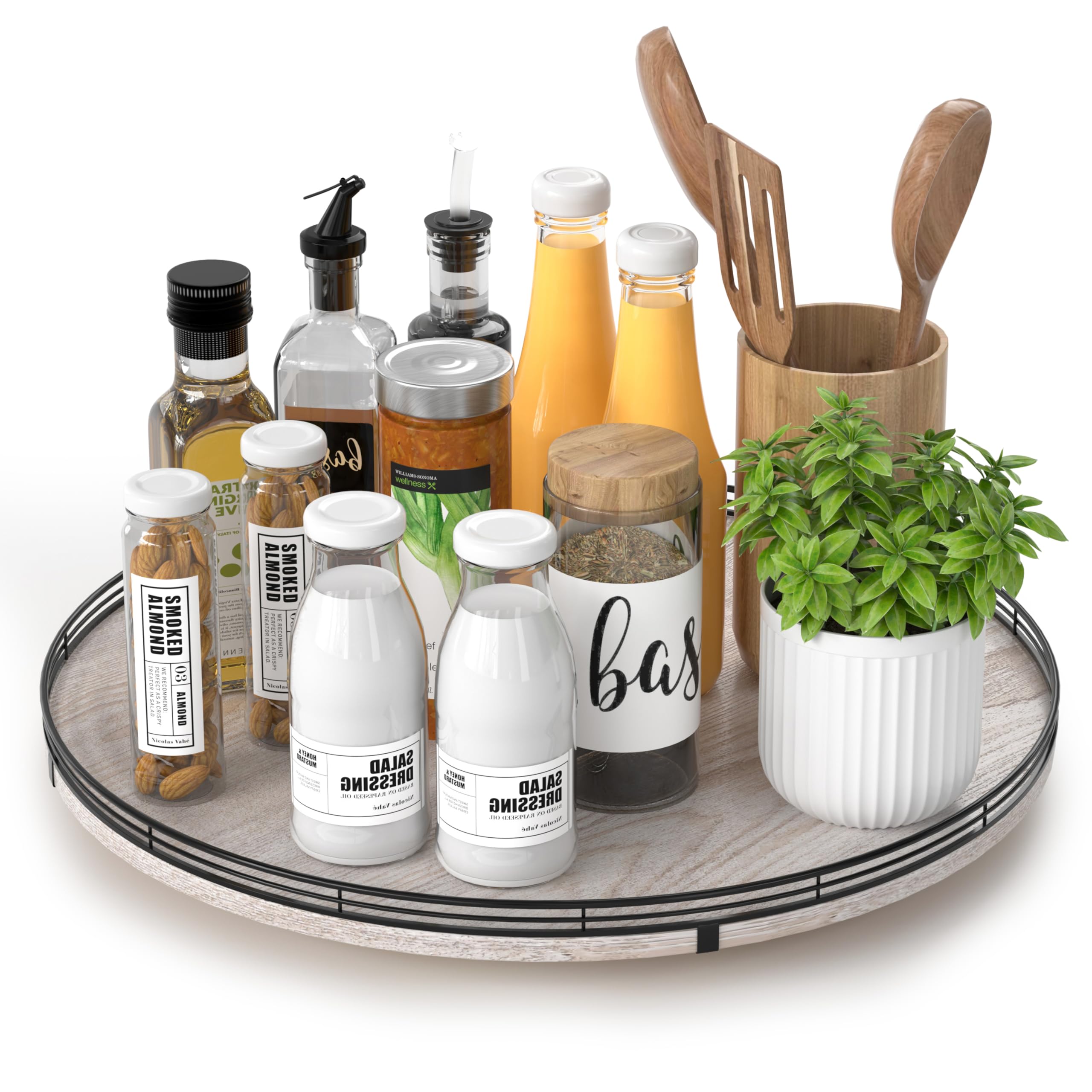 AMH 16-Inch Whitewashed Farmhouse Oak Lazy Susan Organizer