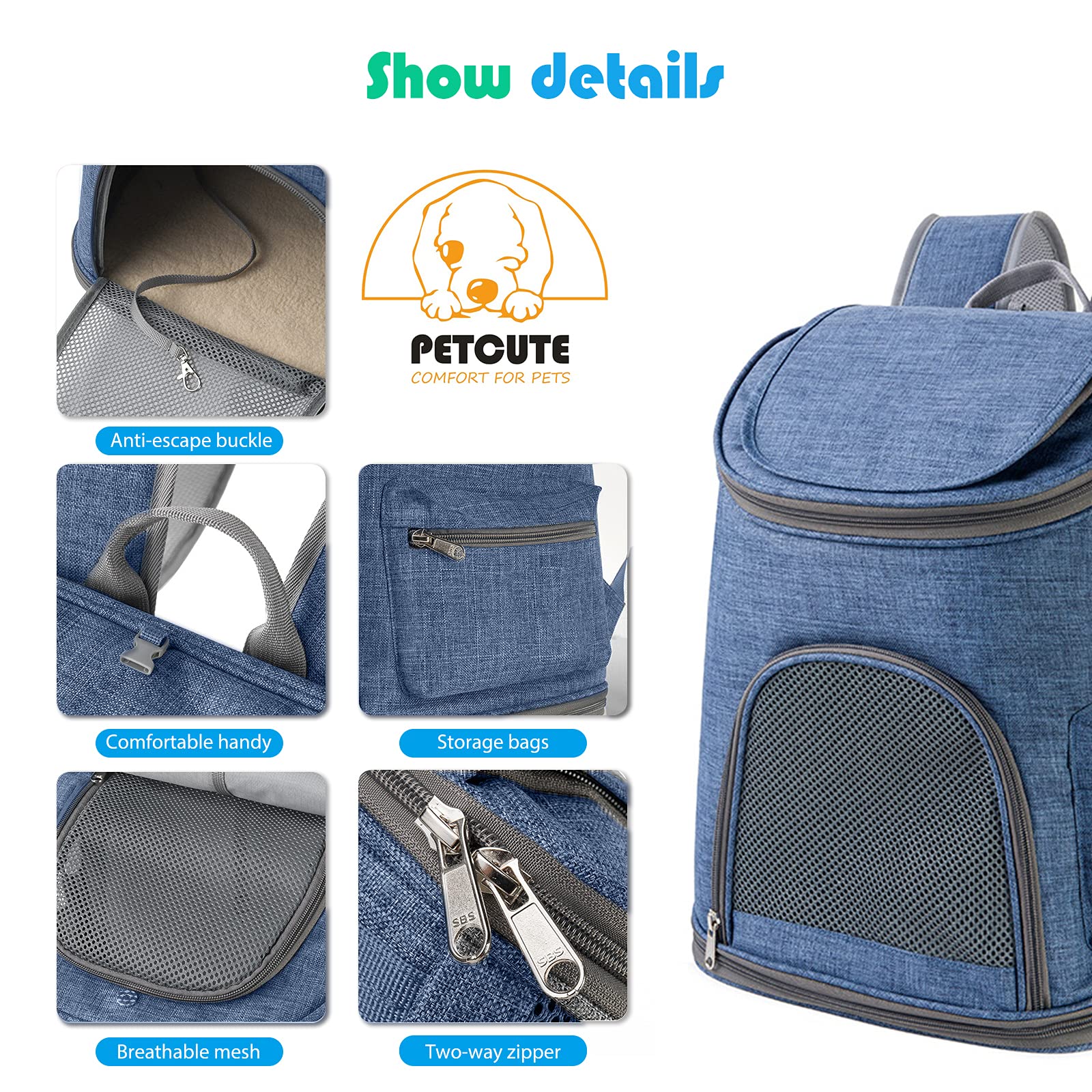PETCUTE Zaino Porta Cane,Pieghevole Traspirante Zaino per Cani e Gatti con Materasso Morbido,Borsa Trasportino Cane con Cintura di Sicurezza Interna per Viaggio Campeggio,Fino a 8KG