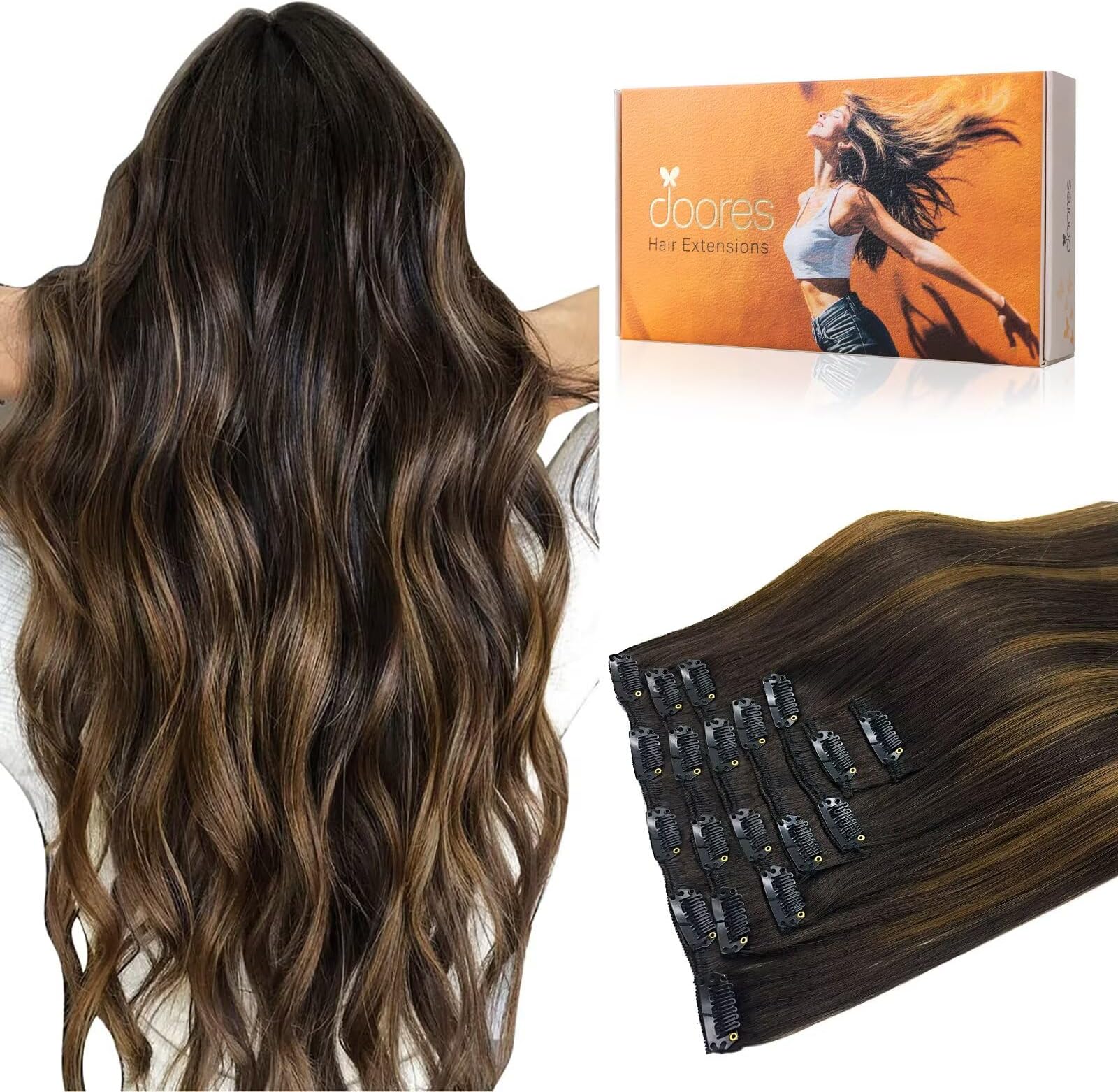 DOORES Human Hair Clip in Extensions Balayage Dark Brown to Chestnut Brown 20 Inch Clip in Hair Extensions Straight Natural Hair Extensions Thick Remy Extensions 120g 7pcs