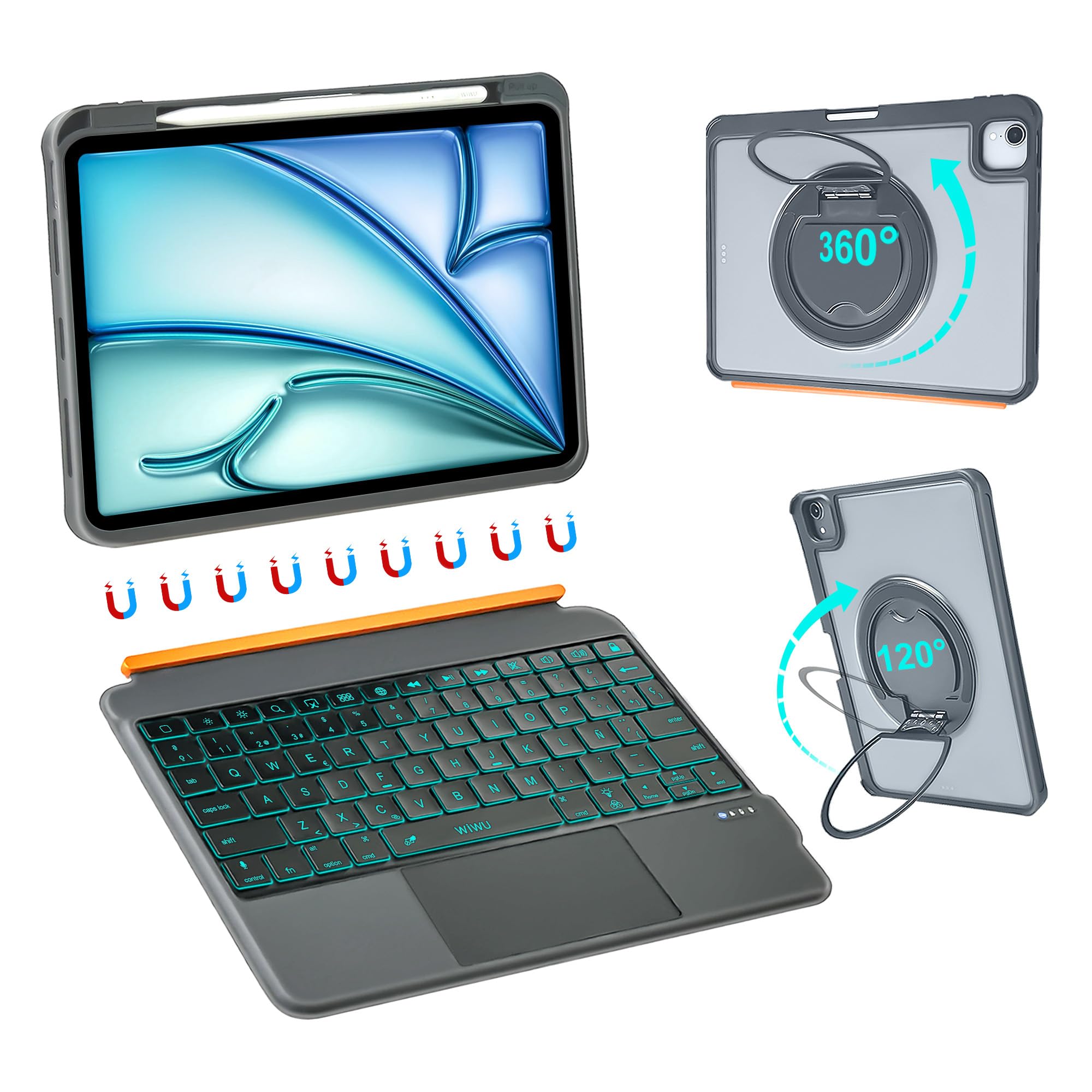 WIWU Funda iPad 11 Generación Teclado Air 11 Pulgadas M4/M3/M2 Desmontable | Magnética Soporte de 360° Teclas Retroiluminadas Trackpad Soporte para Lápiz Color Gris para iPad 10, Air 5/4 Pro 11" 4/3/2/1