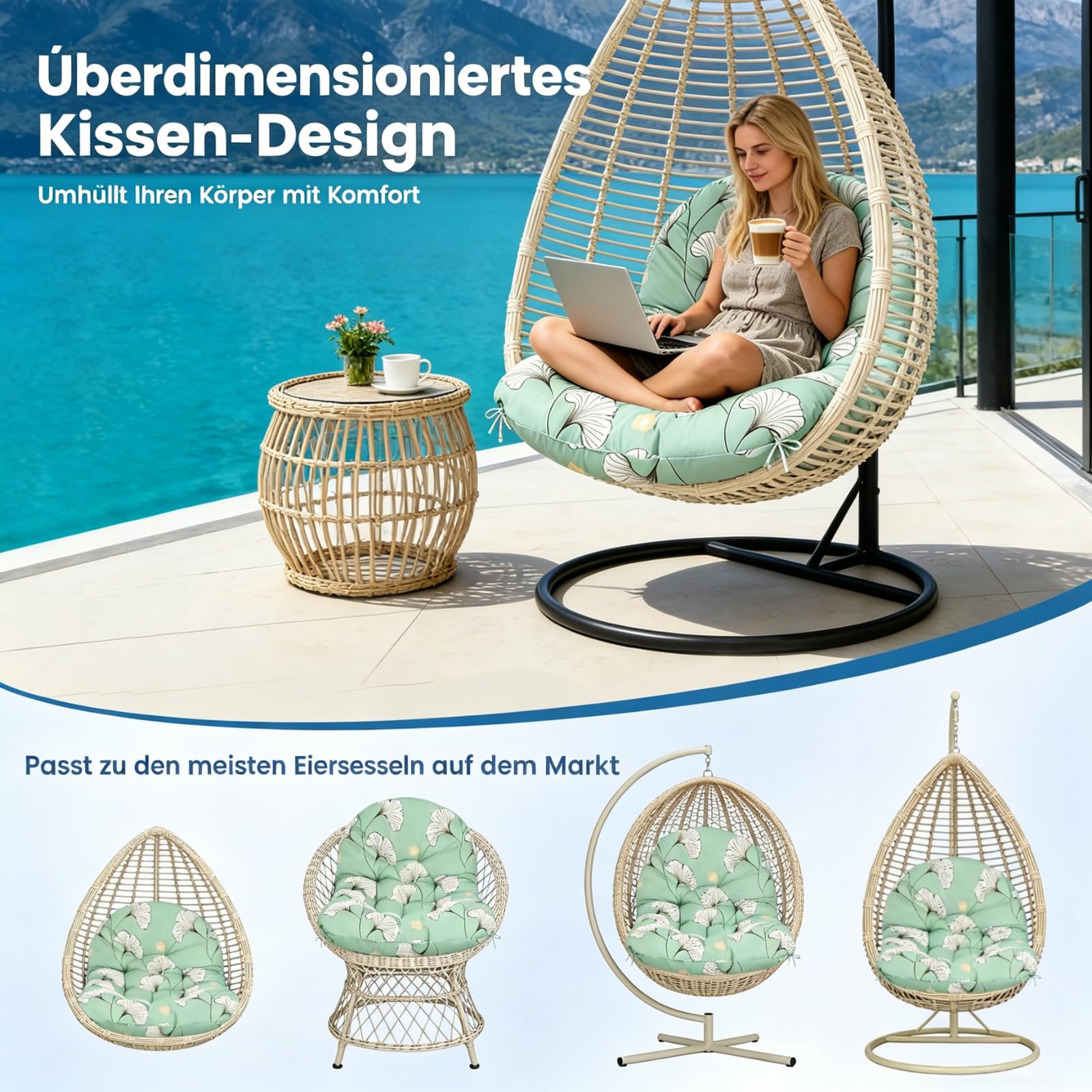 Kissen für Egg Chair, Hängesessel-Kissen 120 x 85 x 18 cm, wasserfestes Ersatzkissen für Schaukelstuhl (nur Kissen), dickeres Hängesessel-Kissen für Garten, Außen- und Innenbereich, Blatt