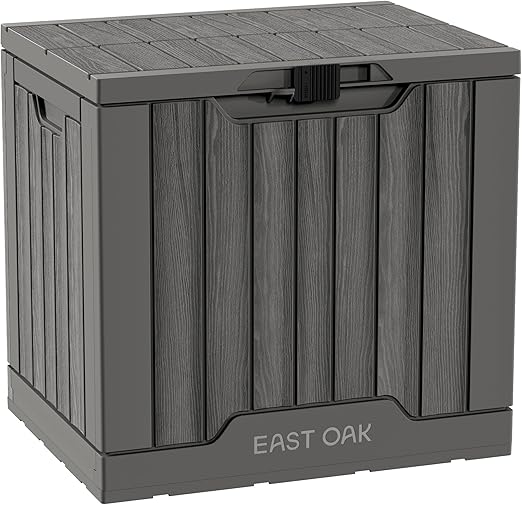 EAST OAK Outdoor Storage Box | 31 Gallon Deck Box Indoor and Outdoor Use | Waterproof Resin Storage Bin with Latch for Patio Cushions, Gardening Tools | UV Resistant | Deep Grey