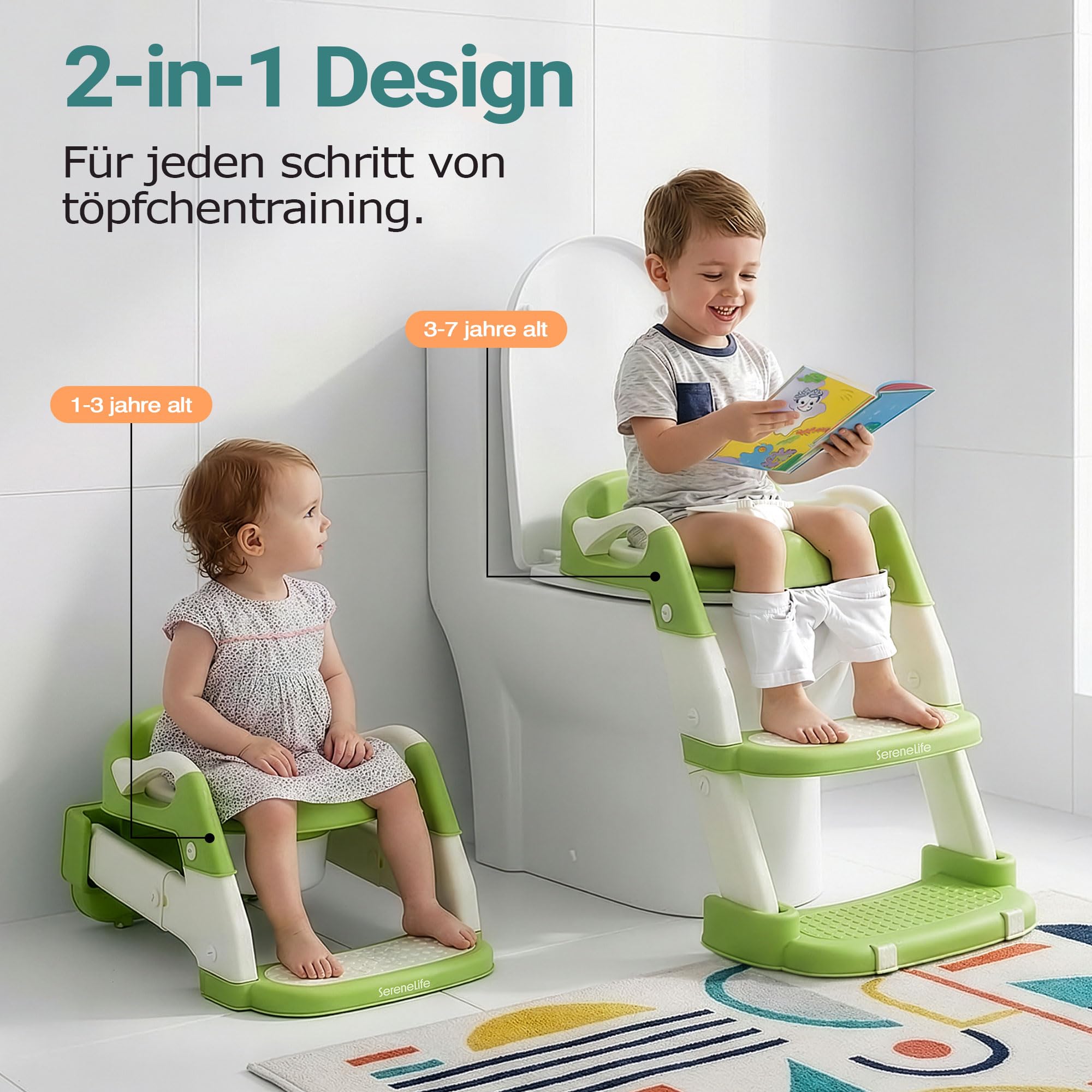 SereneLife Toilettensitz Kinder mit Treppe – 2-in-1 Höhenverstellbarer Toilettentrainer mit Leiter, Rutschfester WC Sitz mit Griffen für Jungen und Mädchen, Grün