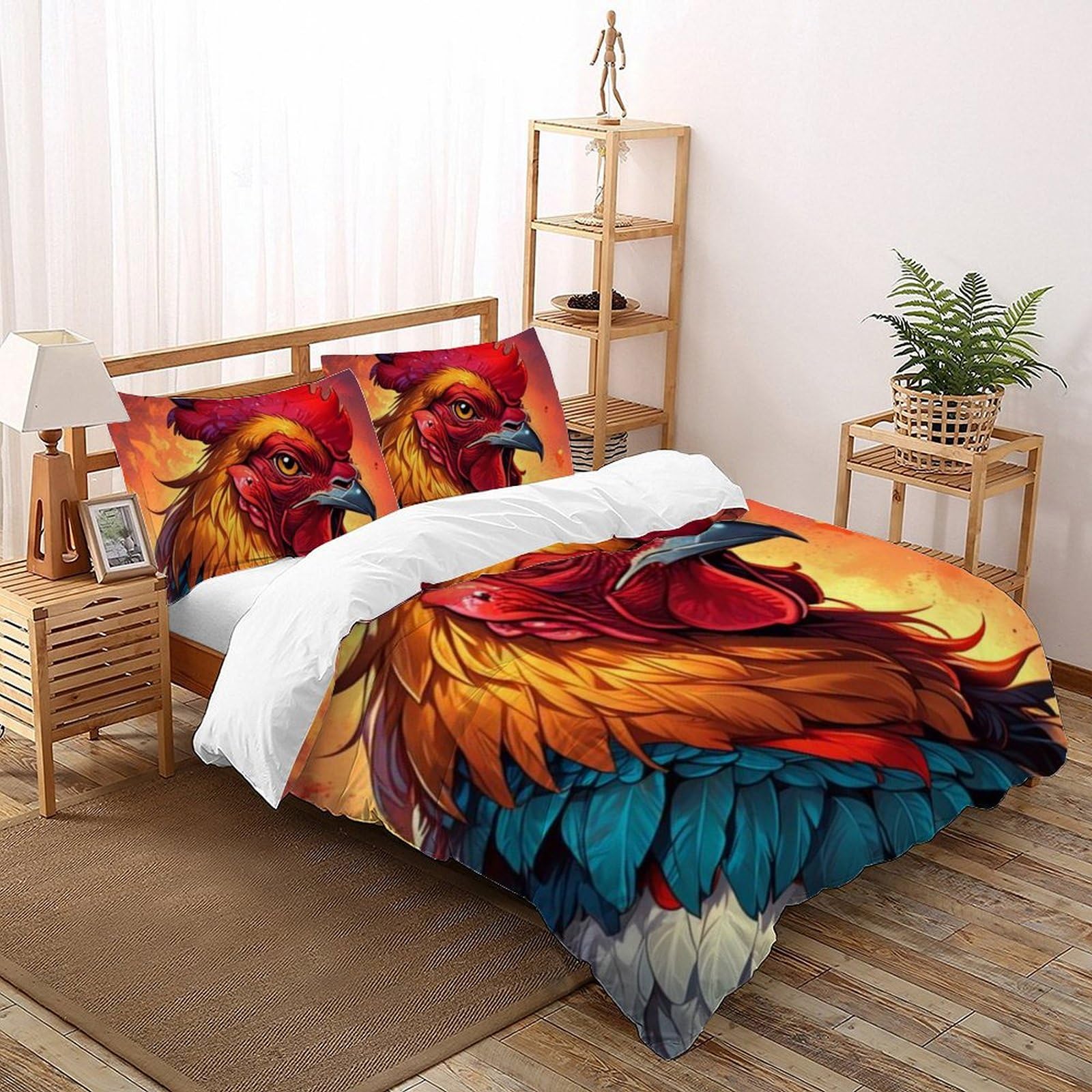Housse de couette 200x200 coq microfine parure lit animaux imprimé 3D avec taies d'oreiller enfant