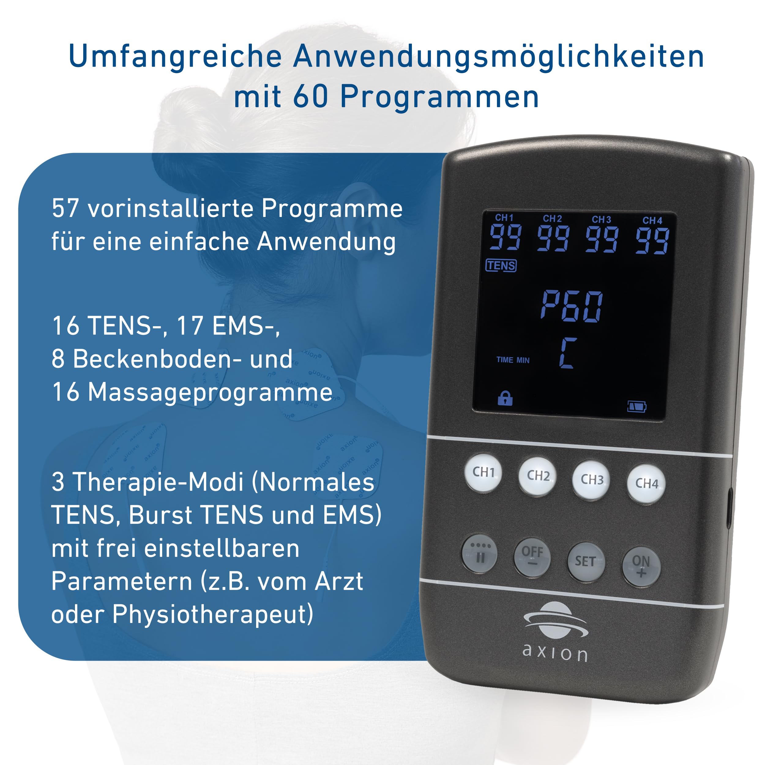 axion® TENS-EMS Kombigerät STIM-PRO X9B. Medizinprodukt MDR Zertifiziert | 4 Kanäle im Set mit 8x 5x5cm, 4x 10x5cm, + Spezial Elektroden-Pads & Kontaktspray. Schmerztherapie, Muskelaufbau & Massage