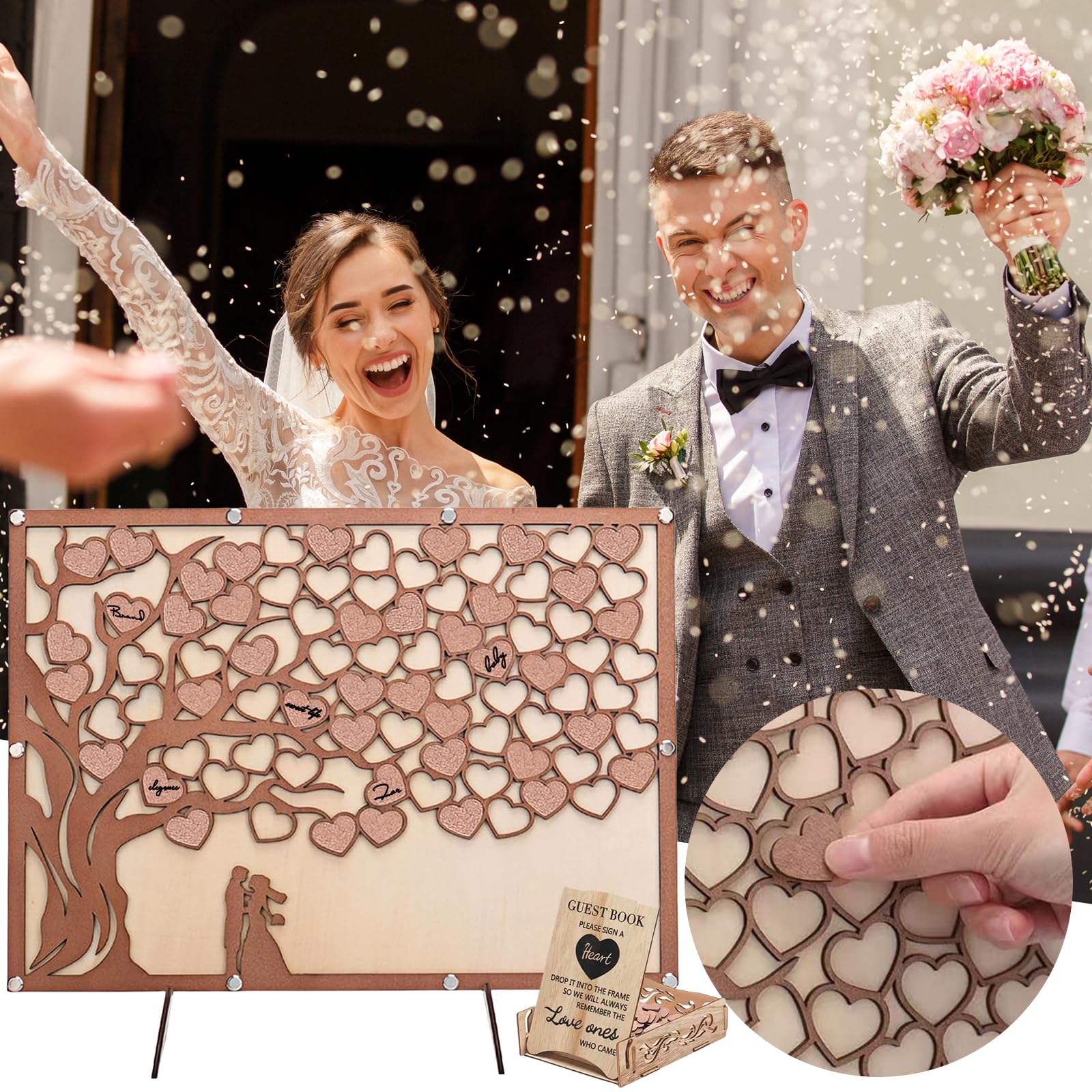 Madera Libro De Visitas,27 * 37CM Libro De Firmas Bodas Con Un Bolígrafo,Libro De Invitados De Boda,Libro De Visitas Boda Corazón Para Boda,Aniversario,Fiesta De Cumpleaños