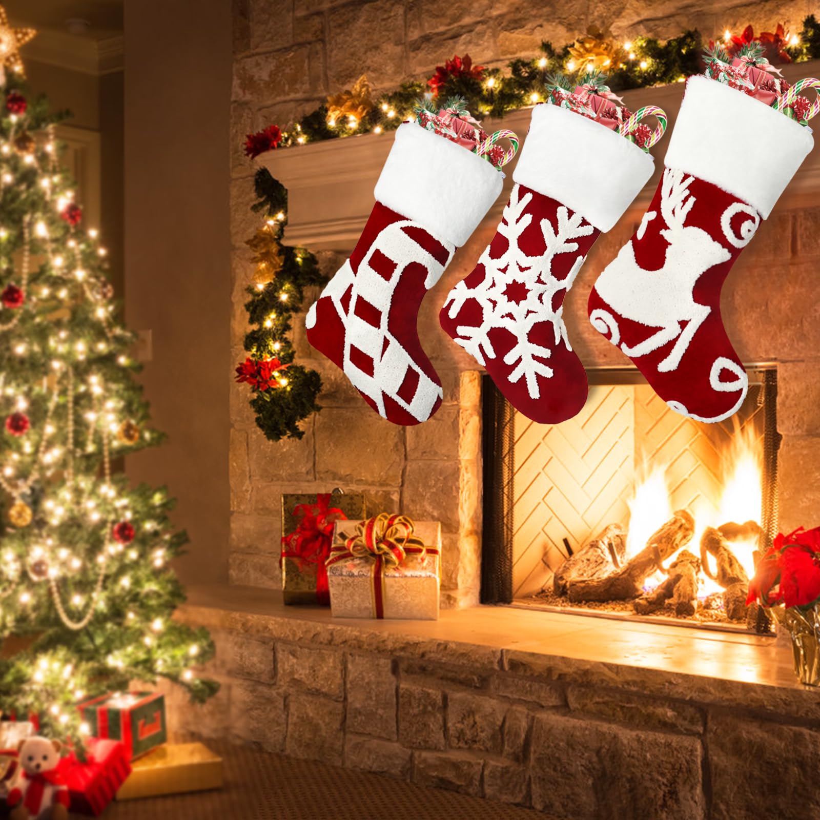 Weldomcor Christmas Stocking Set of 3, 18 Inch Red Christmas Stockings Embroidered Elk Snowflakes Sleigh White Plush Faux Fur Cuff Large Xmas Hanging Stockings for Family Holiday Party Decoration