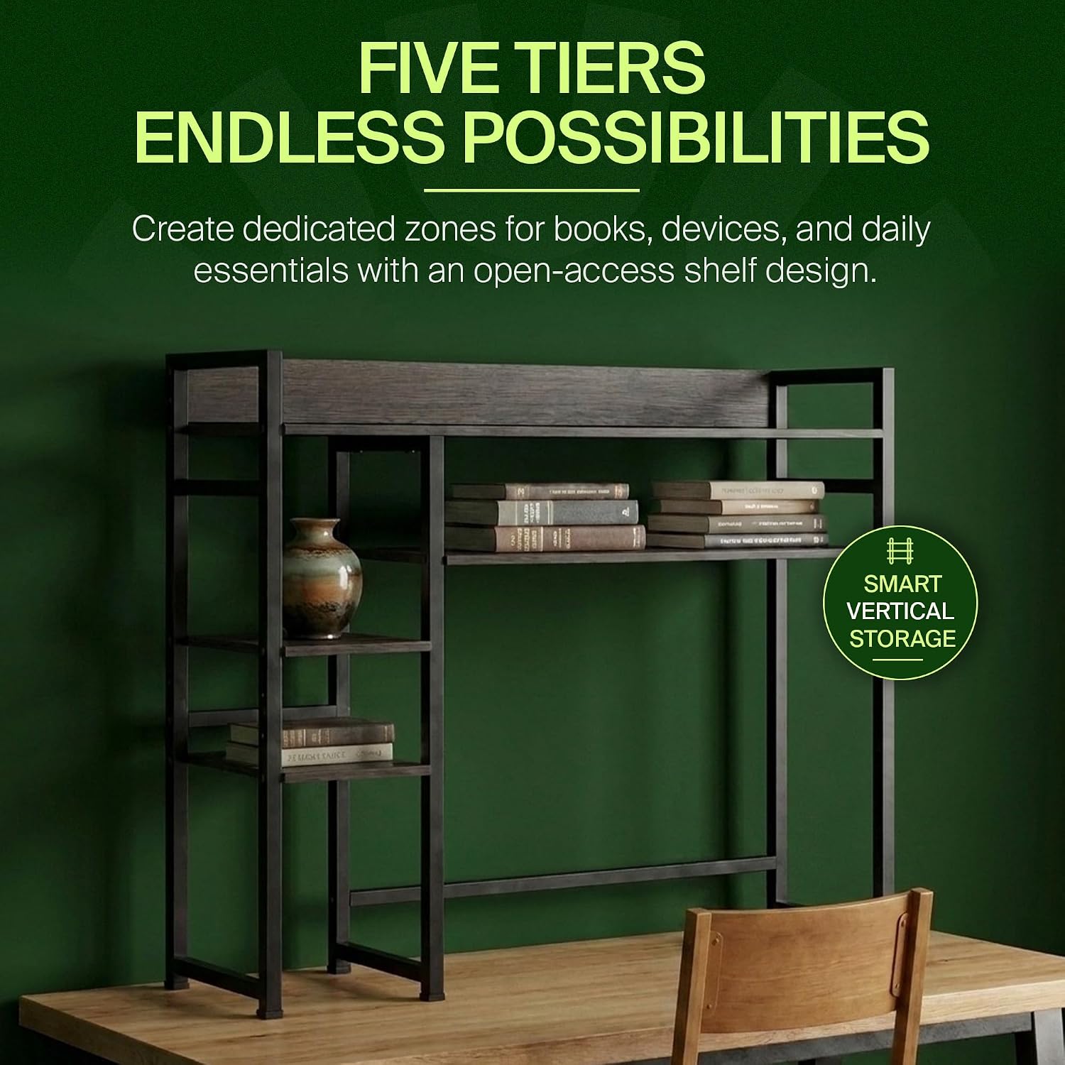 My-Cap 5-Tier MDF Book Shelf with Computer Desk Hutch, Space-Saving Over-Desk Storage Shelf for Coffee Accessories & nespresso Machine, Black
