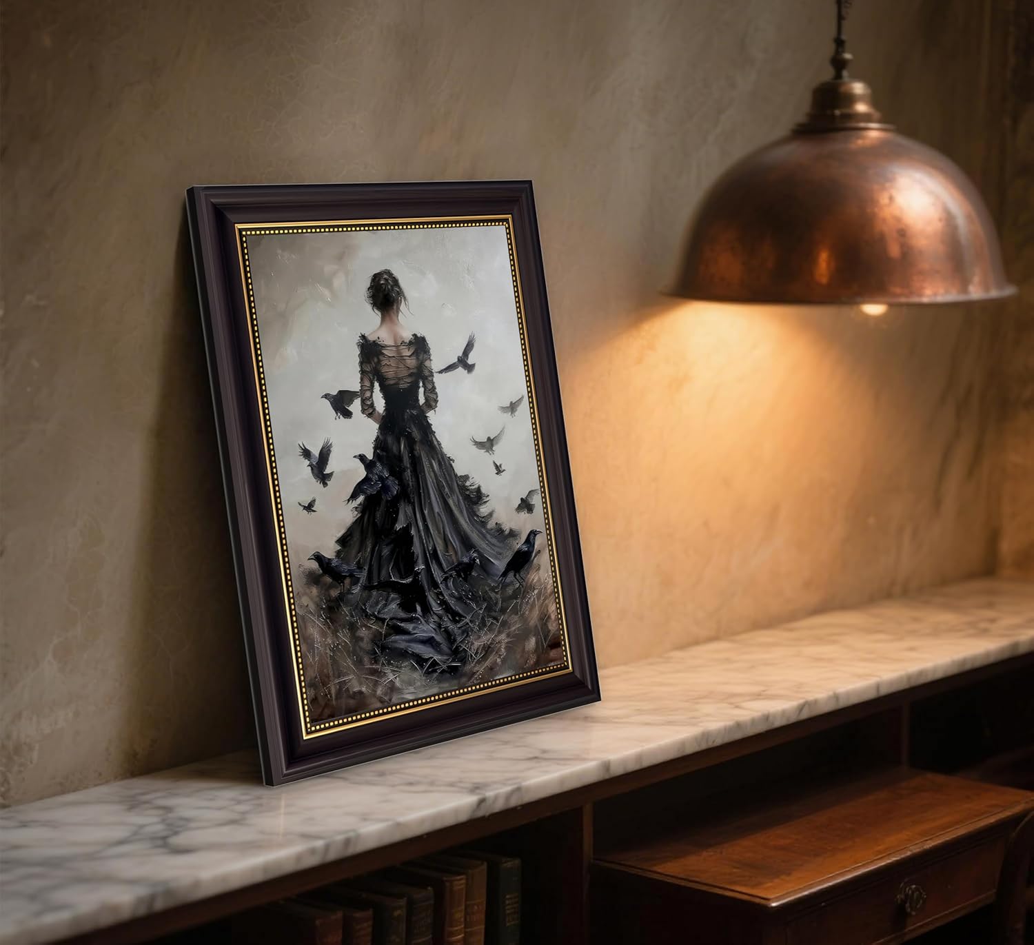 Dark Brown Framed 3D Texture Dark Academia Wall Art Gothic Raven and Woman Painting Picture Wall Decor Victorian Back Women Poster Print Artwork for Living Room Bedroom Home Decoration