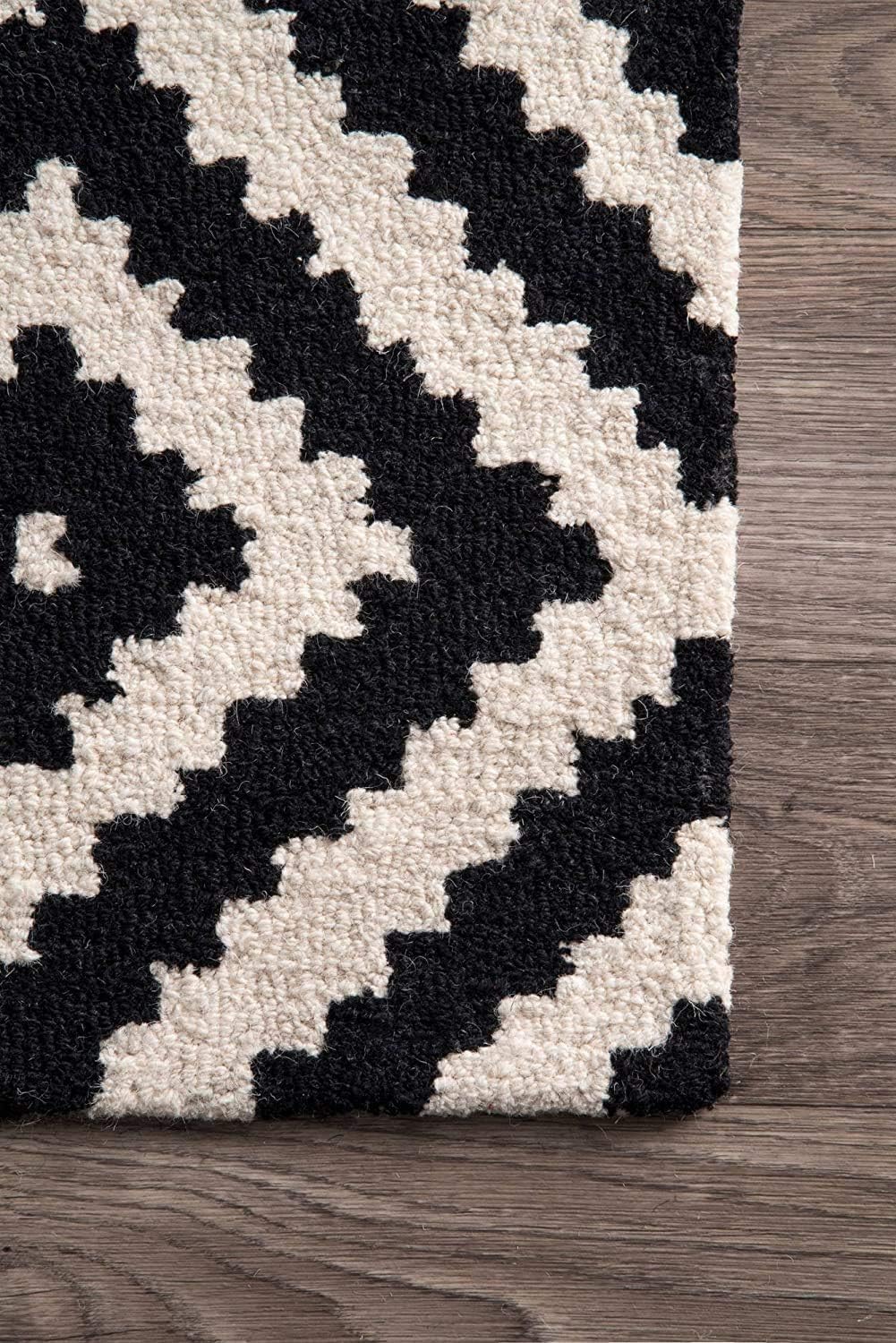 Hand-Tufted Rectangular Loop Pile Wool Area Rug with Anti Skid Backing, Non Shedding Durable Soft Floor Carpet for Office & Home Decor 9 x 13 Ft Black/White