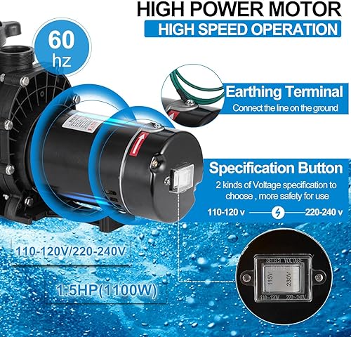 Miniatura 4 de Bomba de piscina autorecortable de 1.5 HP 6498 GPH enBomba de piscina sobre el suelo 110V220V Bombas de doble voltaje de una sola velocidad con