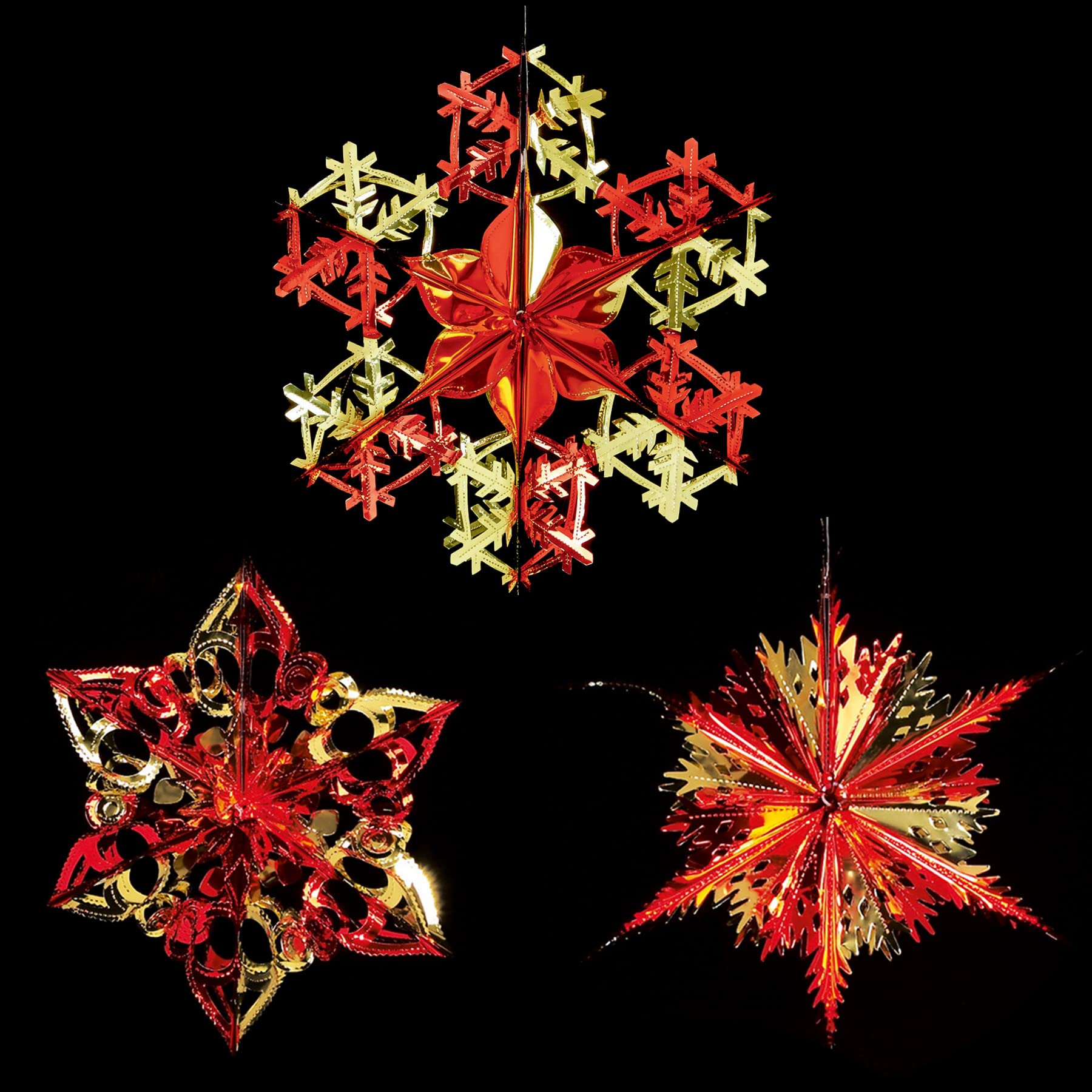 SET of 3 Christmas Foil Ceiling Decoration Hanging 40cm - Red/Gold