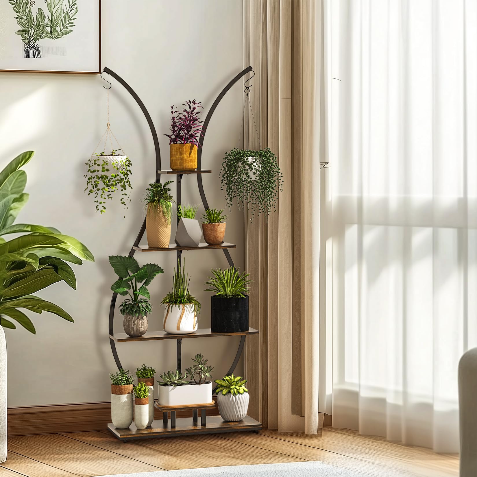 unho Support de Plantes d’intérieur Designe: 74x30x181cm Étagère Plante en Métal Porte Fleur pour Salon Balcon Présentation avec Dispositif Anti-Renversement - Brun Rustique et Noir