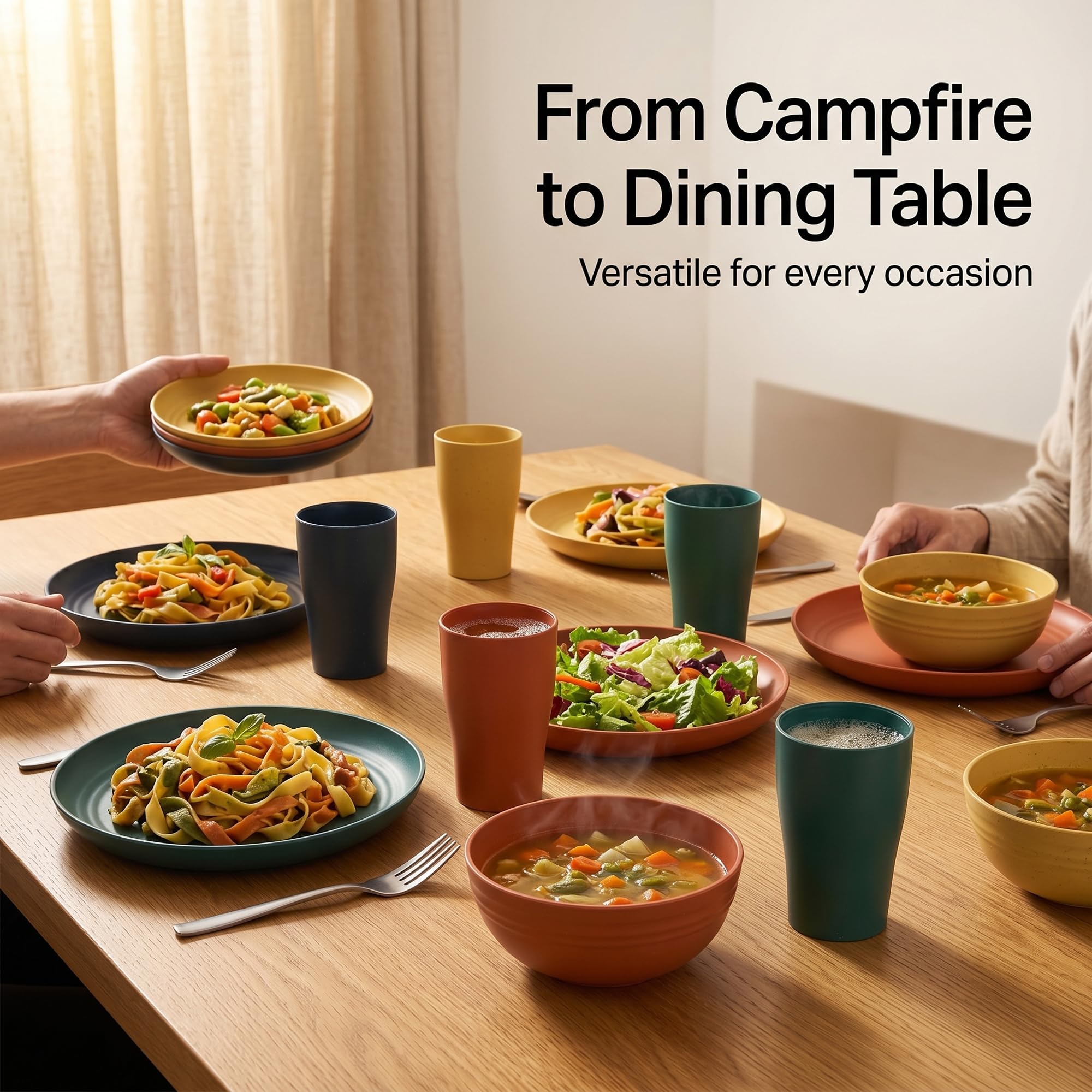 Service de table 32 pièces en plastique incassable - Assiettes plates, assiettes à salade, bols et tasses pour camping, pique-nique et fête, passe au micro-ondes et au lave-vaisselle