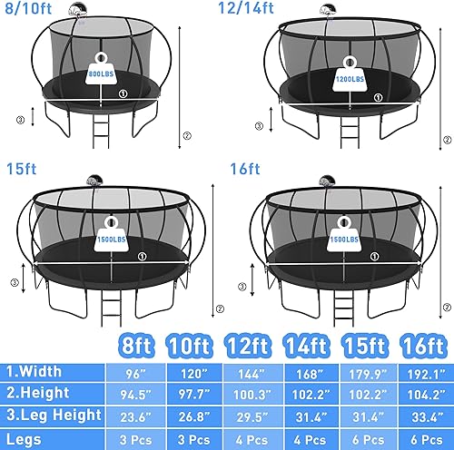 Miniatura 2 de Kacho Tranpoline Outdoor 8, 10, 12, 14, 15, 16 pies Tranpoline para niños diseño curvado reforzado y 1500 libras y fácil de instalar, tranpoline con