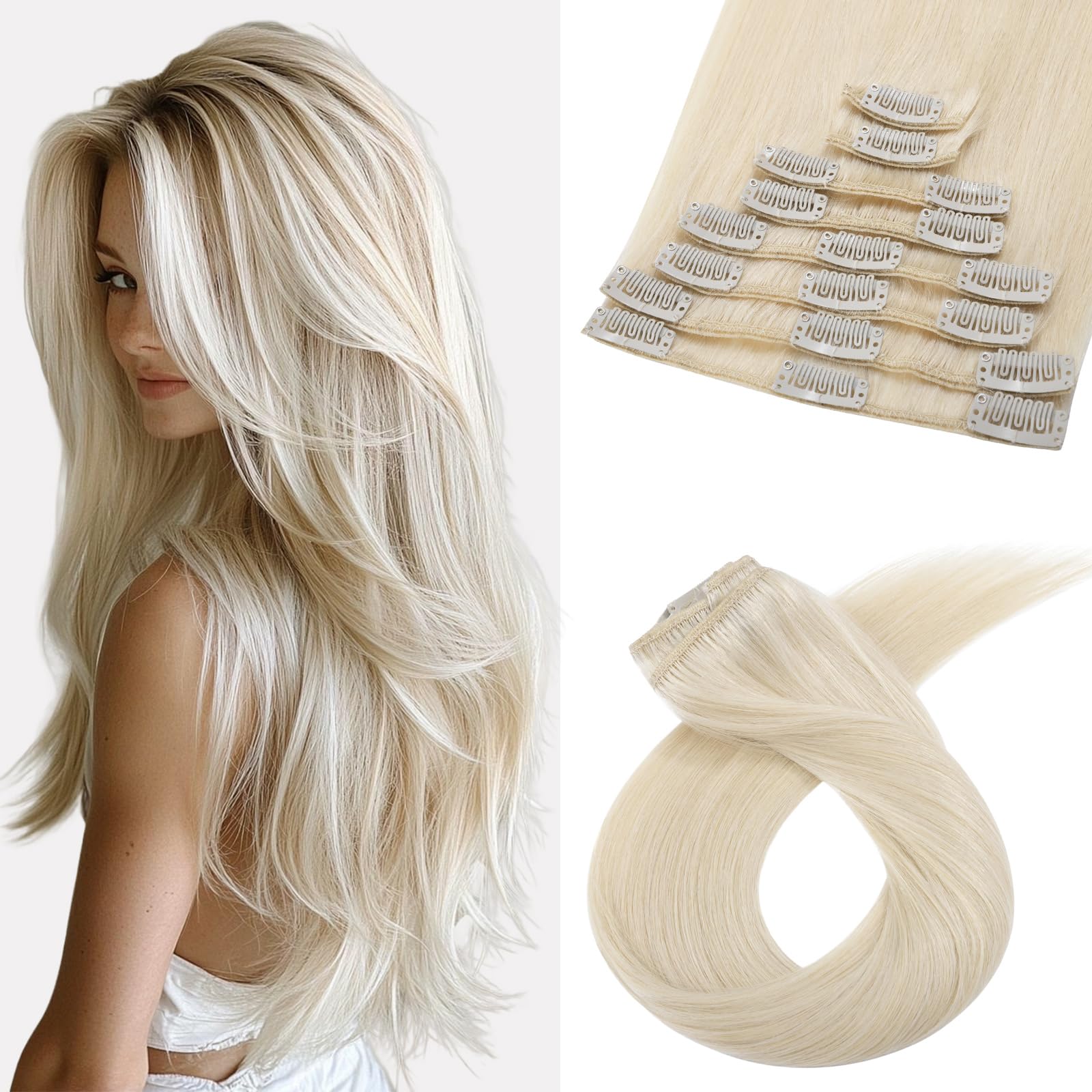 Benehair Human Hair Clip in Extensions #60 Platinum Blonde Real Remy Hair Extensions Clip in Long Double Weft Straight Hairpieces for Full Head Seamless 8 Pcs Set including 18 Clips 22 Inch (75 g)