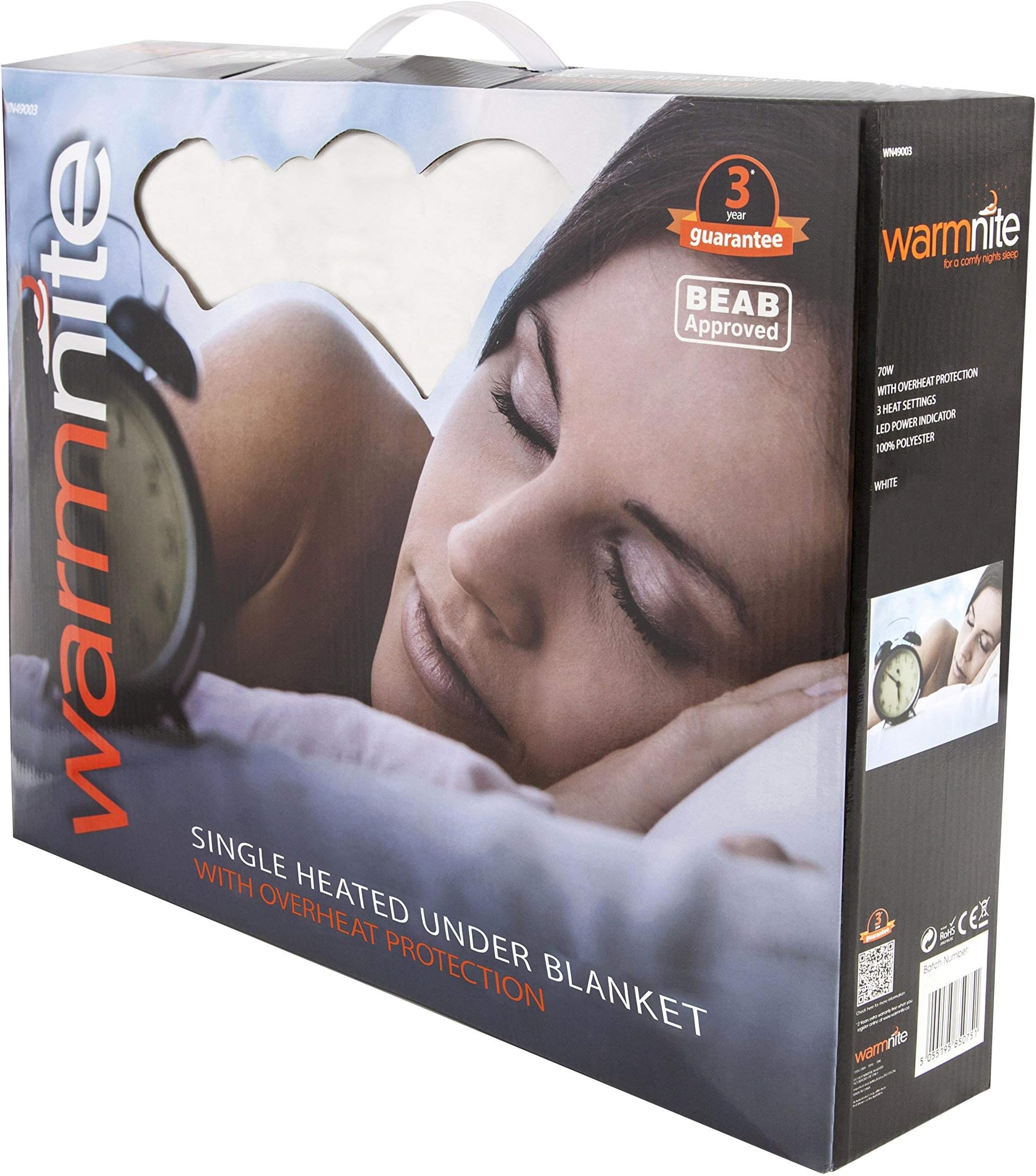 Warmnite WN47003 Electric Blanket, Heated Under Blanket with Overheat Protection, White, Single