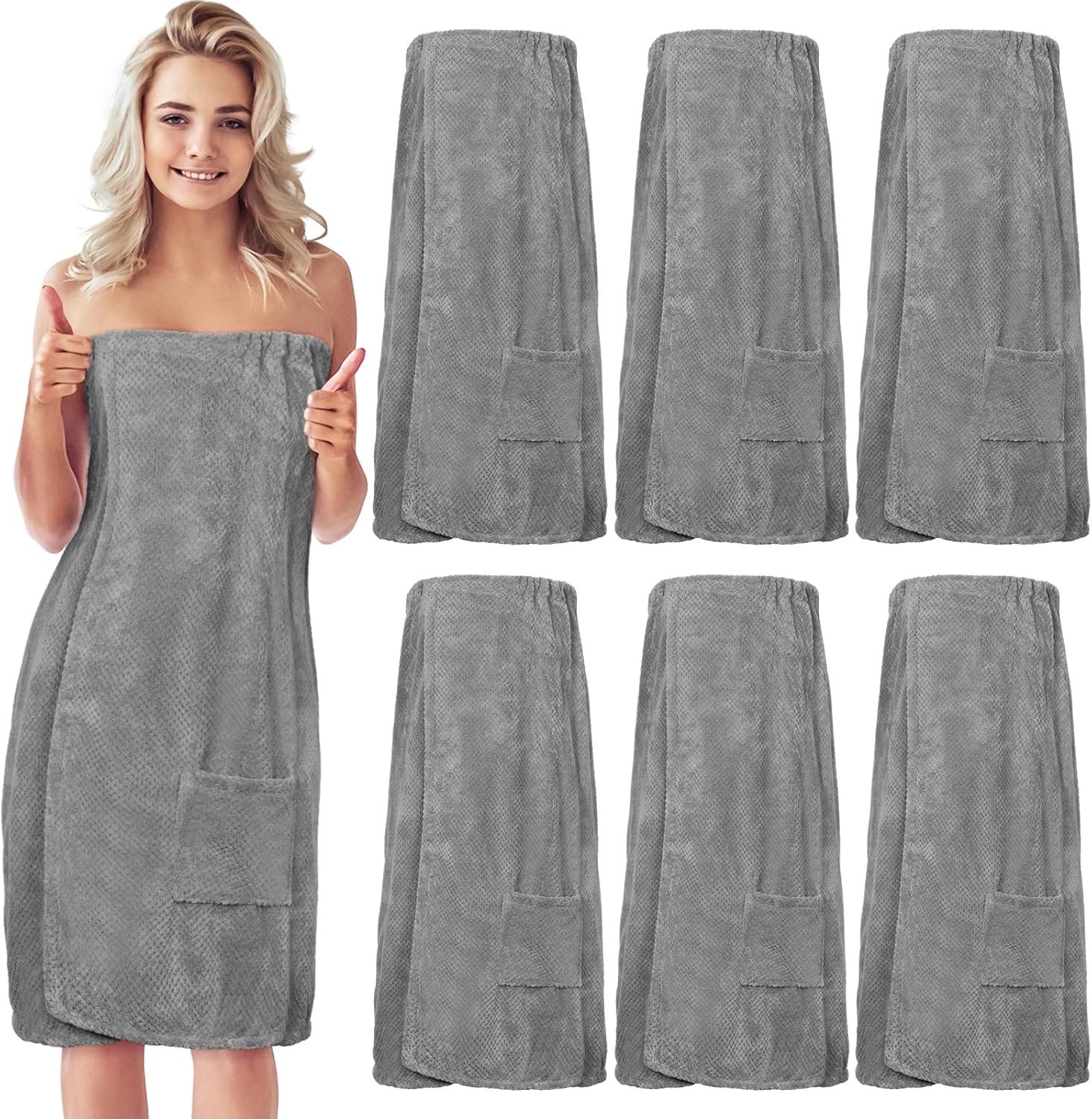 Tigeen 6 Pcs Bath Wraps for Women Waffle Spa Robe Adjustable Closure Elastic Top Lightweight Towel Dress (Pink)