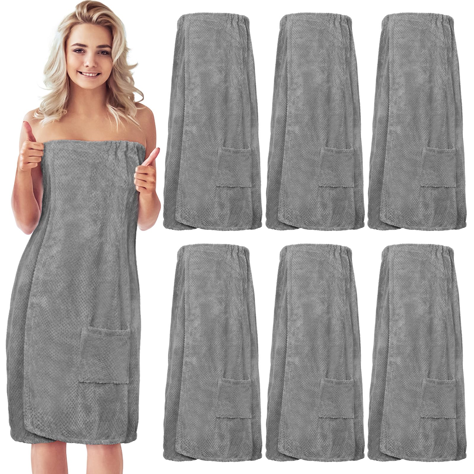 Tigeen 6 Pcs Bath Wraps for Women Waffle Spa Robe Adjustable Closure Elastic Top Lightweight Towel Dress (Gray)