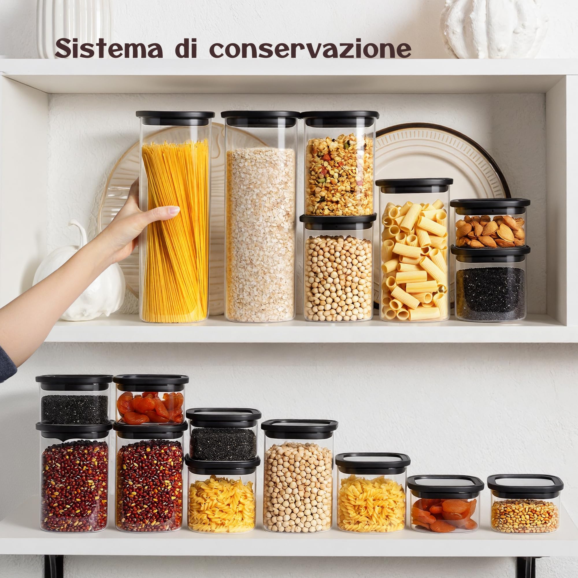 Barattoli in Vetro Ermetici con Coperchio (3 x 600 ml, 3 x 1050 ml) – Contenitori Cucina in Vetro Borosilicato con Coperchio Nero | Barattoli Dispensa per Farina, Riso, Muesli, Pasta