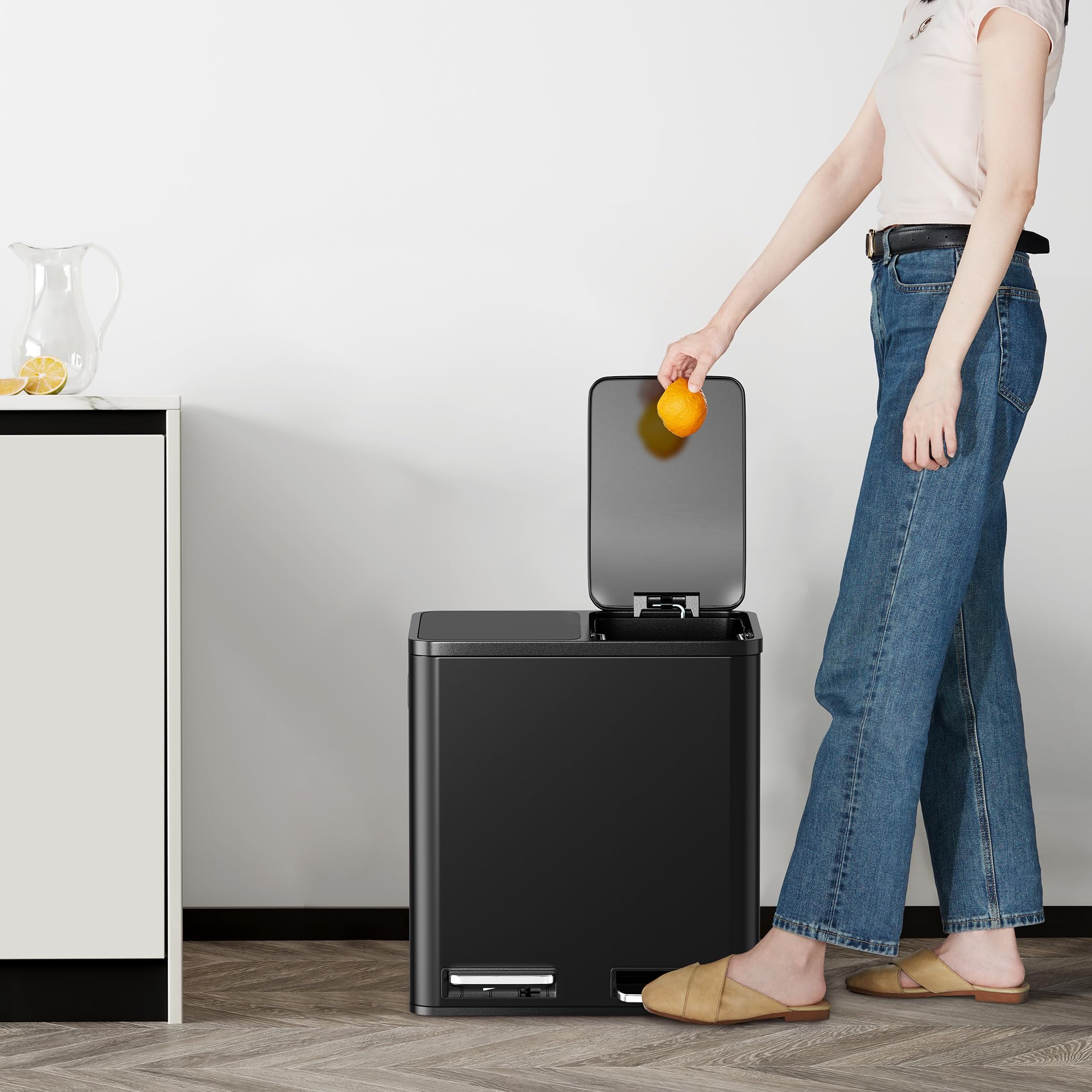 VonHaus Mülleimer 30L, Mattschwarz, Küchenmülleimer 2 Fächer, Doppelmülleimer 2 x 15L, Mülltrennsystem, Rutschfester Standfuß, Herausnehmbare Inneneimer, Luftdichter Abfalleimer