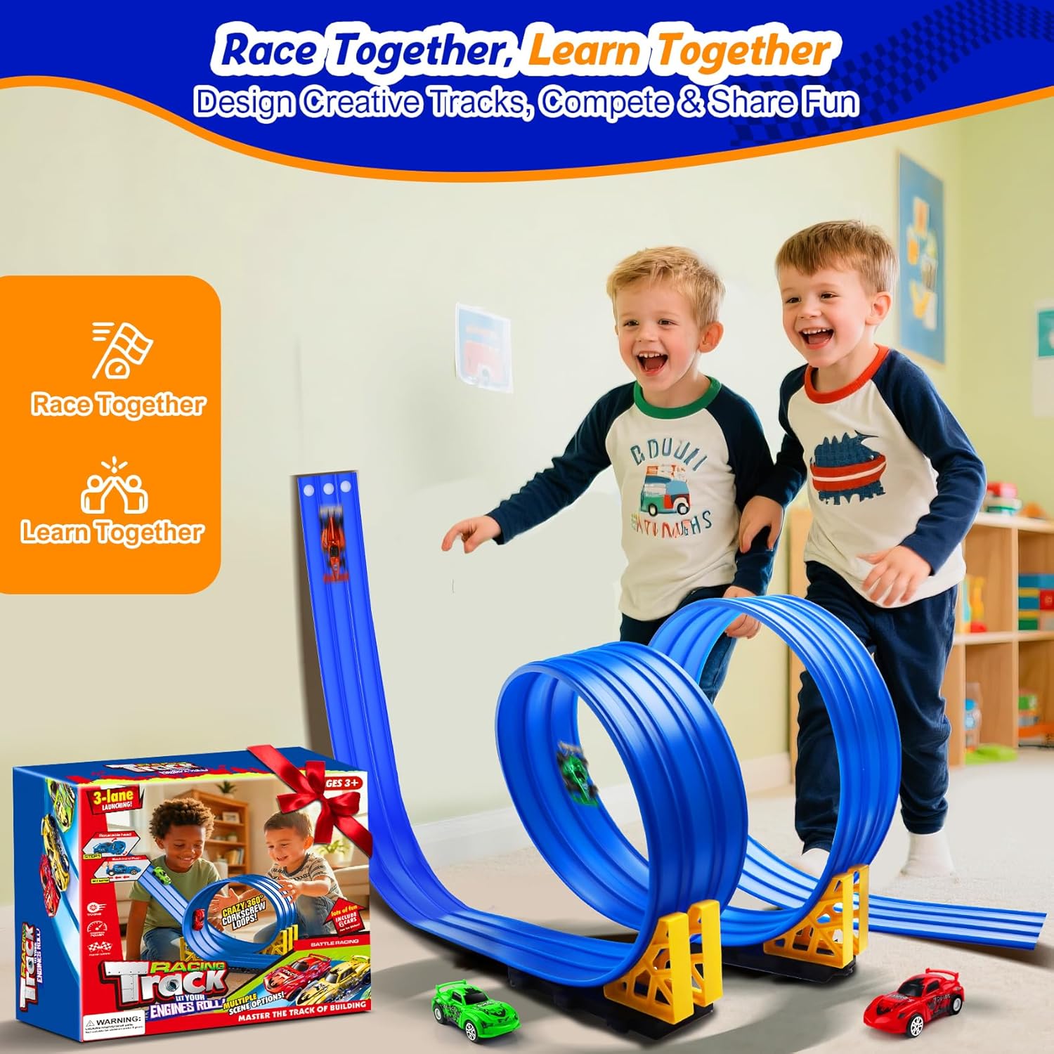 3-Lane Flexible Race Track for Kids Bundle with Automatic Bubble Machine for Toddlers