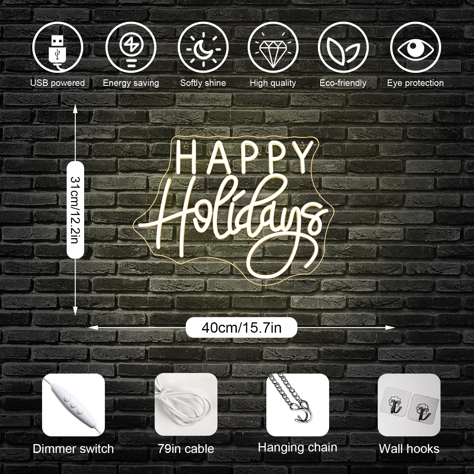 Horseneon Letrero de neón Happy Holidays para decoración de pared, árbol de Navidad, luz LED de neón con alimentación USB para fiestas, ventanas, decoración del hogar, dormitorio, sala de estar