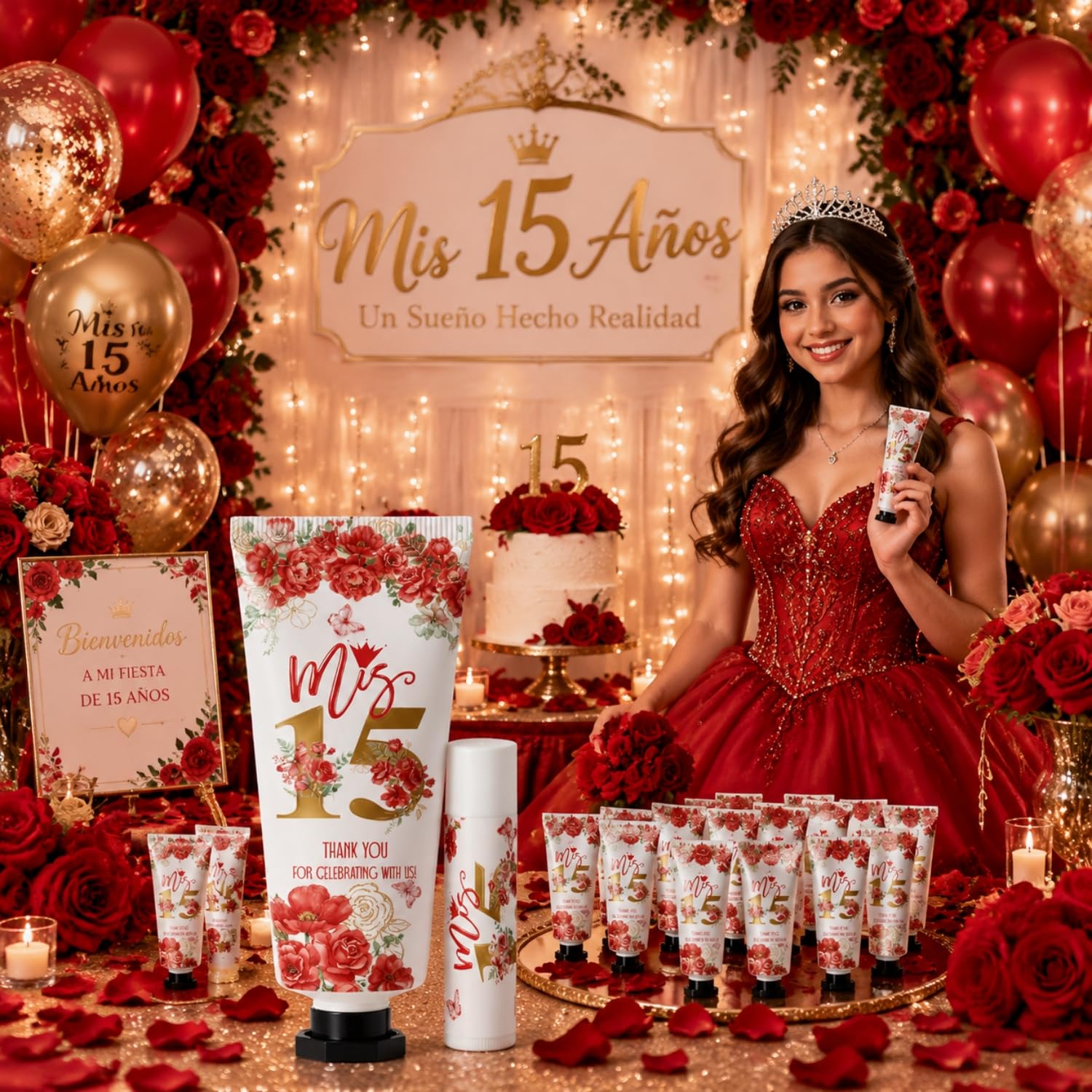 Leelosp 100 Pcs/50 Sets Red Quinceanera Party Favor Gifts for Guests 15th Thank You Gifts Girl Hand Cream and Lip Balm Sweet 15th Birthday Party Favors for Guests