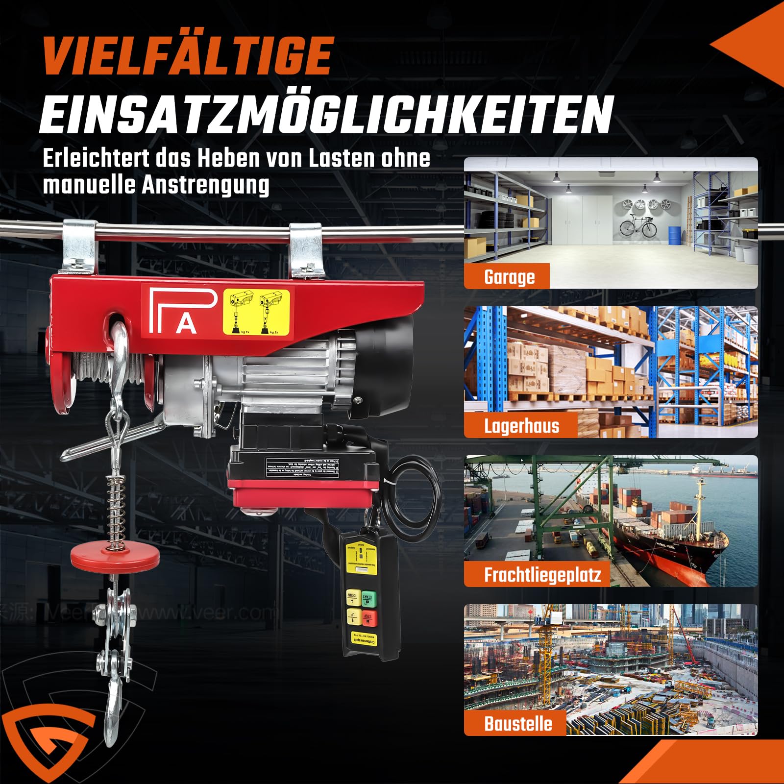 Seilwinde Elektrisch 230v 100/200 kg Tragkraft 12m Hubhöhe Stahlseil inkl.10m/min Hubgeschwindigkeit mit kabelloser Fernbedienung(100m) MOBILE Seilzug elektrisch Seilhebezug Hebezug