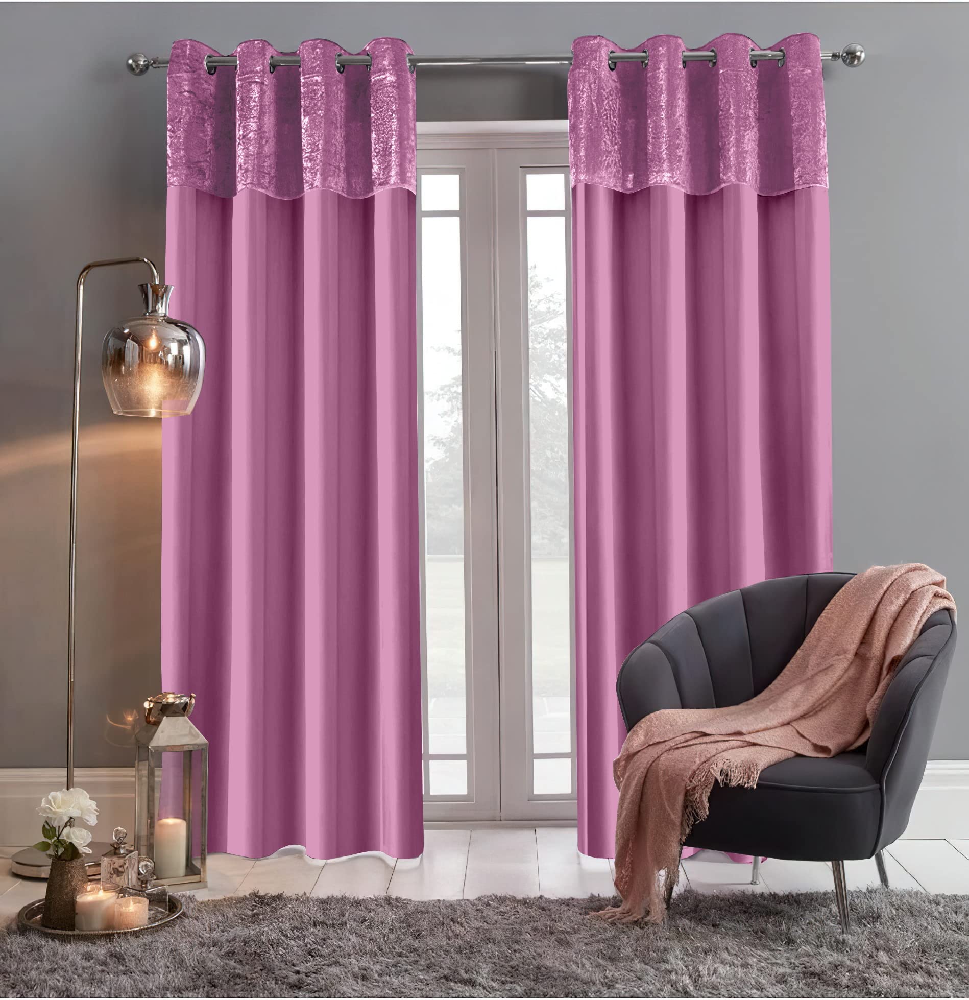 Roseley Crushed Velvet Band Curtains Eyelet Ring Top 2 Panels Fully Lined Faux Silk Window Treatment Elegant Solid Colours (46 x 72'' Pink)