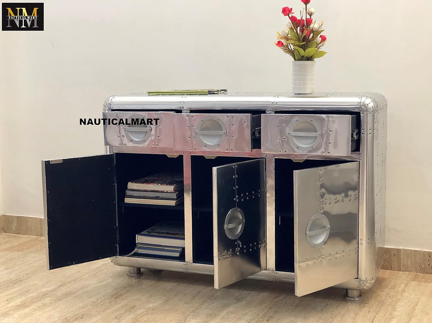 NauticalMart Aviator 3 Door Sideboard End Table Design Metal Side Table Living Room Furniture (36 Inches)