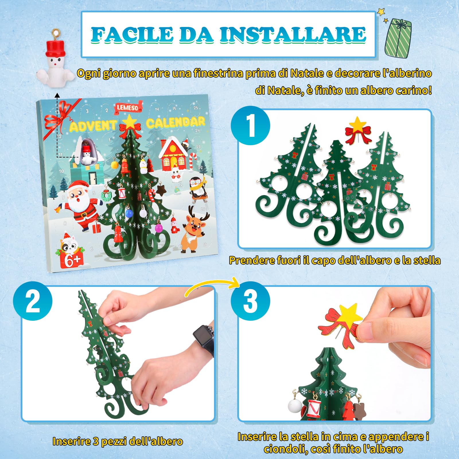 LEMESO Calendario Avvento 2025 Albero di Natale da Tavolo Piccolo Albero di Natale in Legno Calendario dell'Avvento con Miniature Pendenti Idee Regalo Natale Bambini Addobbi Natalizi