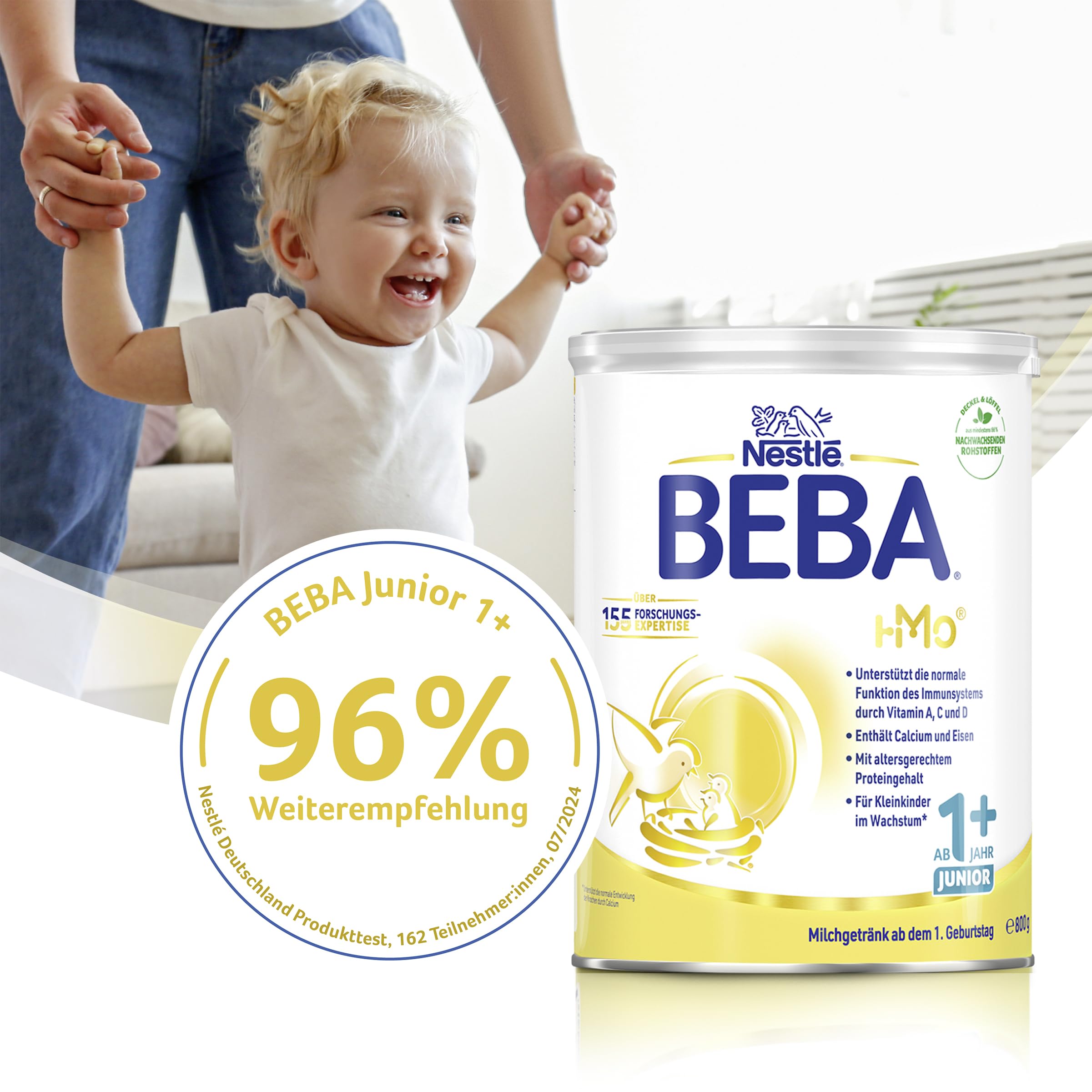 BEBA Junior 1+ Milchgetränk ab dem 1. Geburtstag, Mit HMO, Altersgerecht angepasster Proteingehalt, Nur Laktose, Ohne Palmöl, Ohne Fischöl, Kleinkindnahrung, Baby-Milchpulver, 6er Pack (6 x 800g)